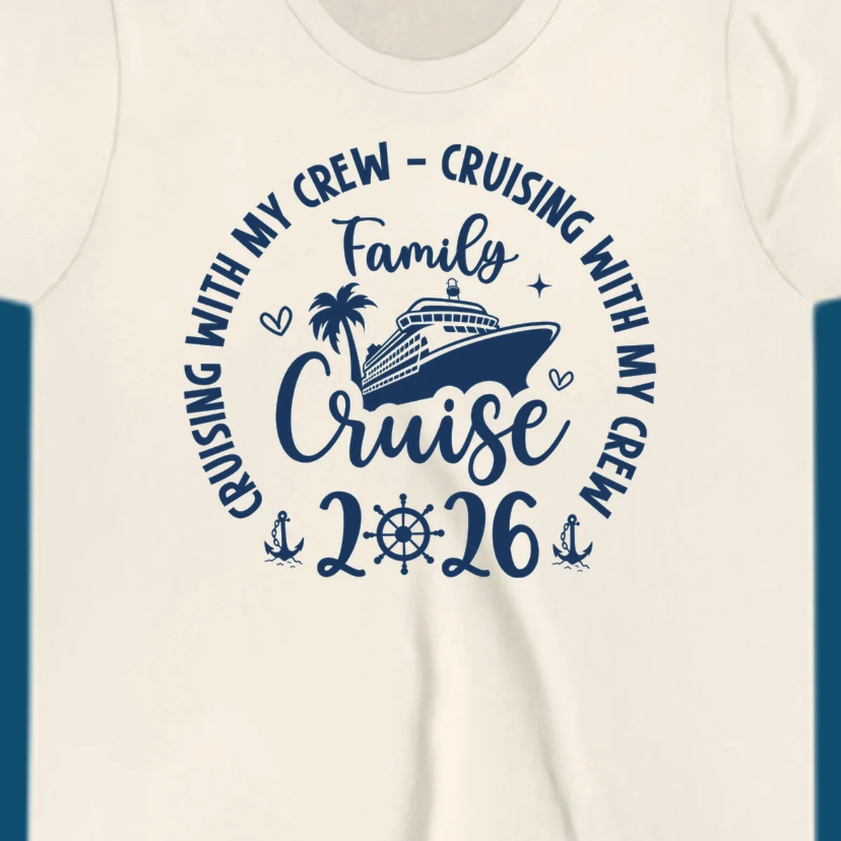 A white and navy graphic for a family cruise in 2026, featuring a cruise ship, palm tree, and nautical elements.