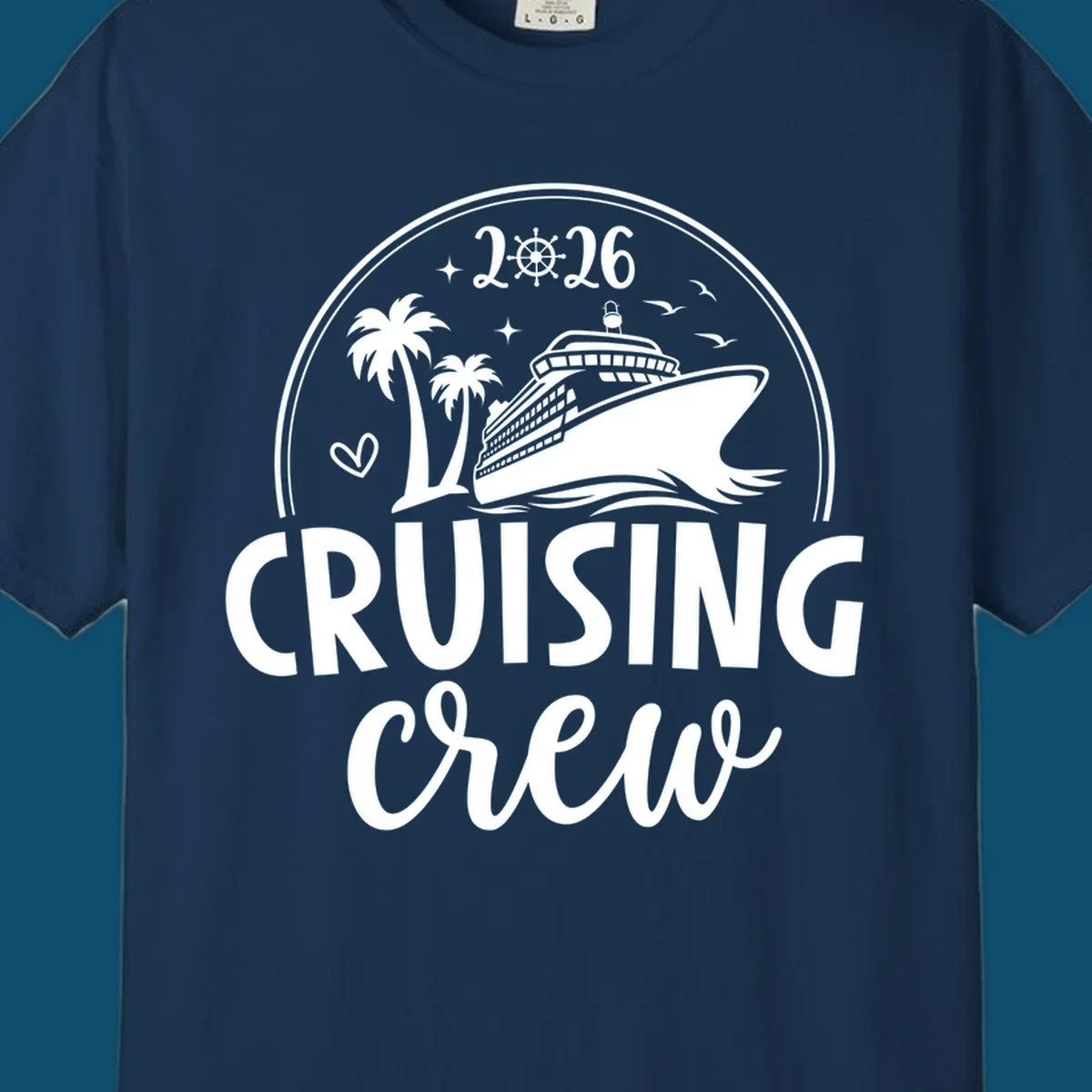 A circular badge design for 2026 Cruising Crew featuring a cruise ship, palm trees, and the year 2026.