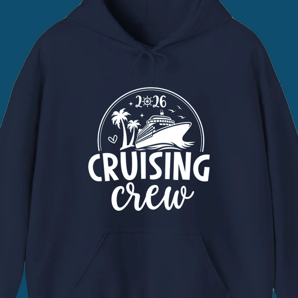 A circular badge design for 2026 Cruising Crew featuring a cruise ship, palm trees, and the year 2026.