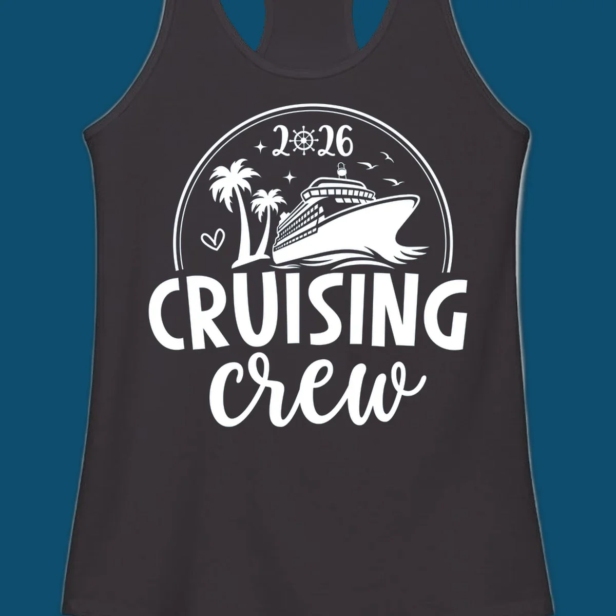 A circular badge design for 2026 Cruising Crew featuring a cruise ship, palm trees, and the year 2026.