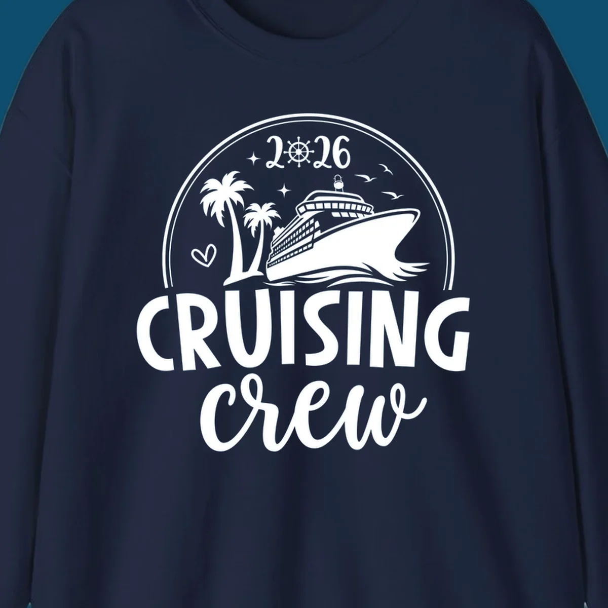 A circular badge design for 2026 Cruising Crew featuring a cruise ship, palm trees, and the year 2026.