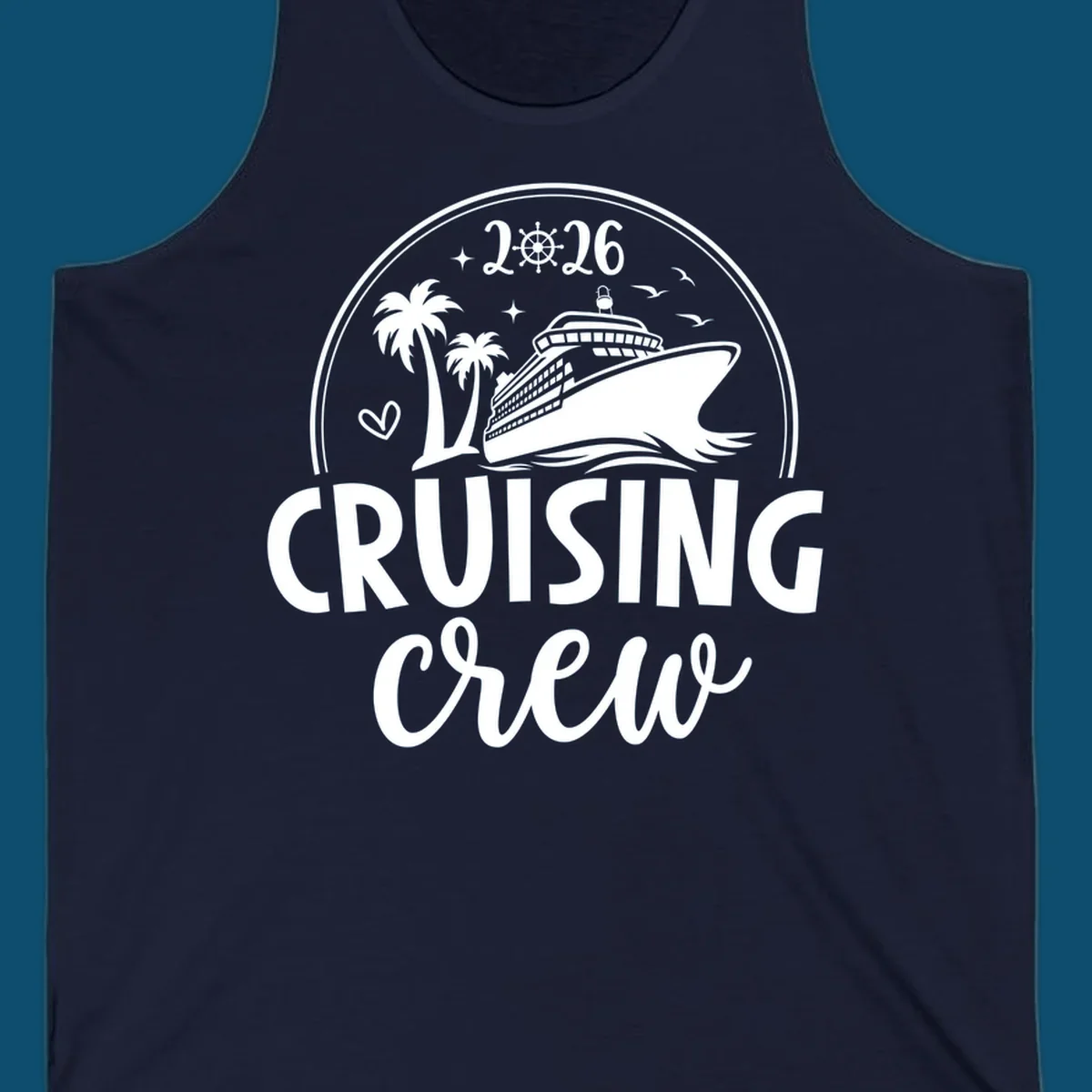 A circular badge design for 2026 Cruising Crew featuring a cruise ship, palm trees, and the year 2026.