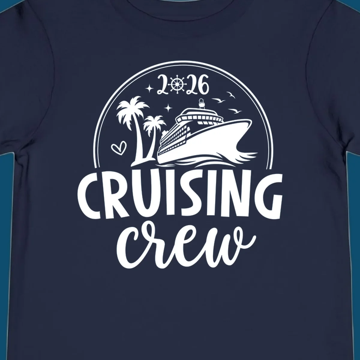 A circular badge design for 2026 Cruising Crew featuring a cruise ship, palm trees, and the year 2026.