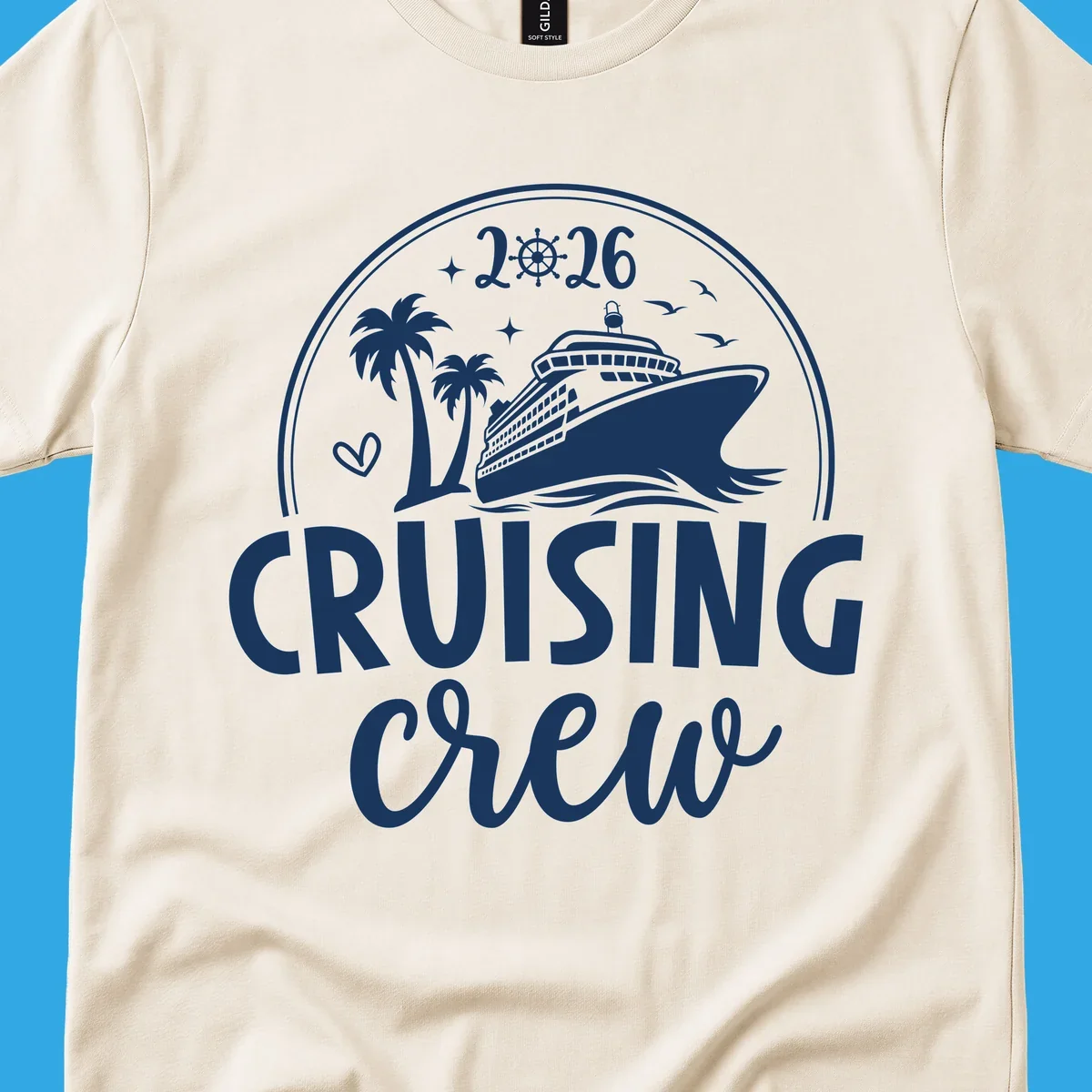 A circular badge design for 2026 Cruising Crew featuring a cruise ship, palm trees, and the year 2026.