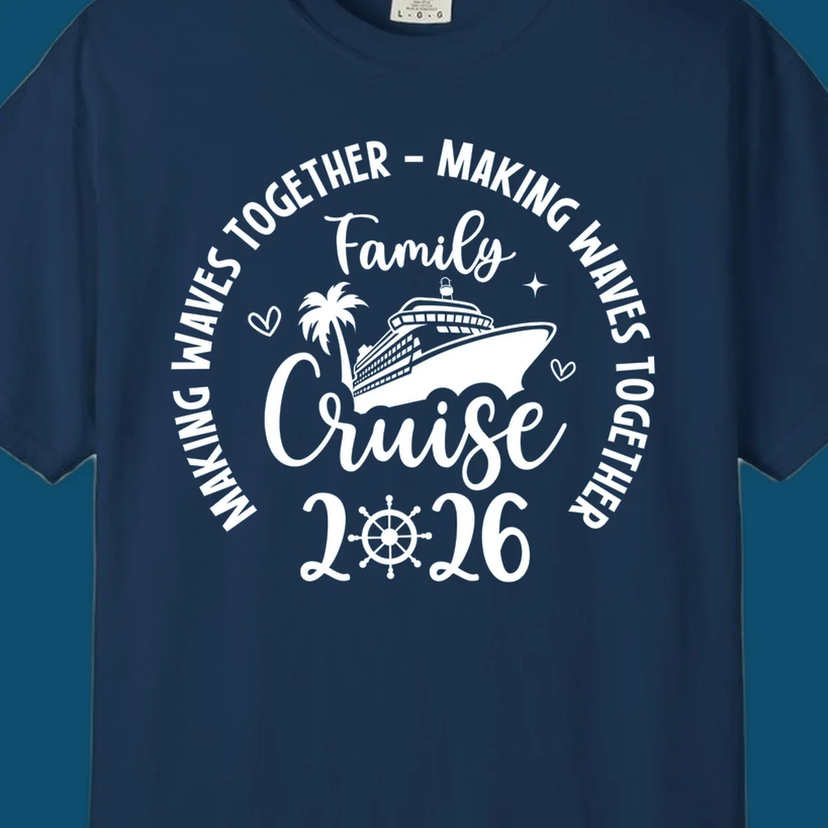 White and dark blue graphic for family-cruise-2026-making-waves with a cruise ship, palm tree, hearts, and a ship's wheel.