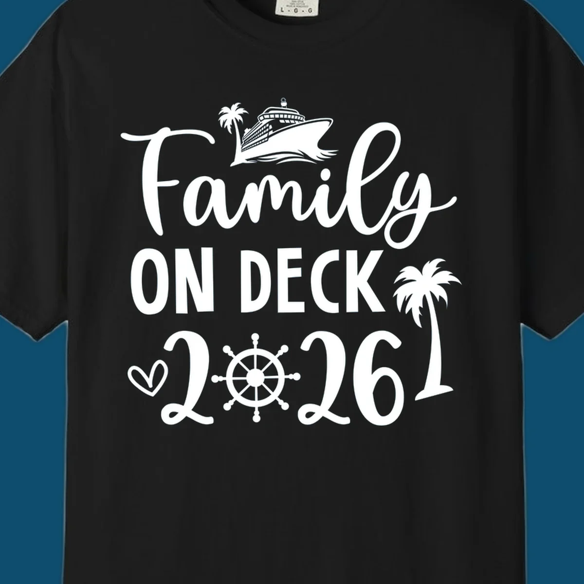 A design with the text 'Family ON DECK 2026', a cruise ship, palm trees, a heart, and a ship's wheel, representing a family-on-deck-2026-cruise.