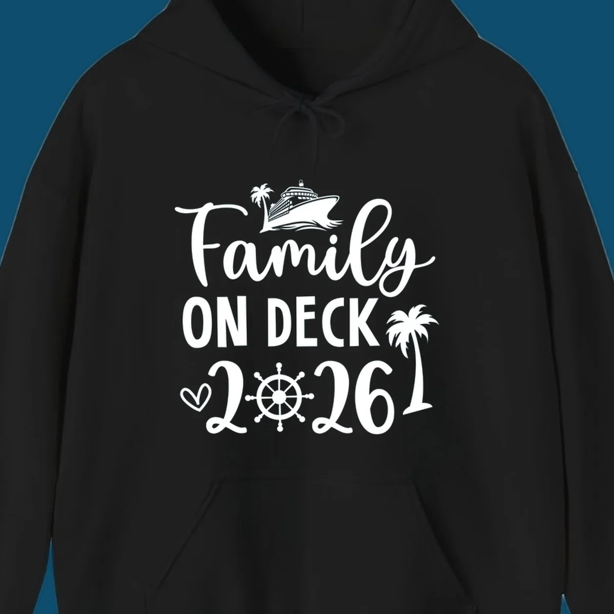 A design with the text 'Family ON DECK 2026', a cruise ship, palm trees, a heart, and a ship's wheel, representing a family-on-deck-2026-cruise.