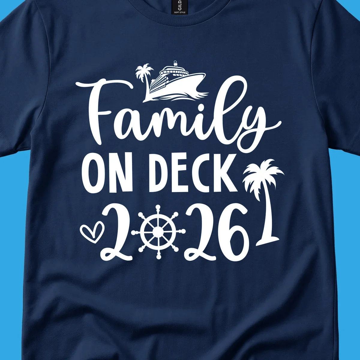 A design with the text 'Family ON DECK 2026', a cruise ship, palm trees, a heart, and a ship's wheel, representing a family-on-deck-2026-cruise.