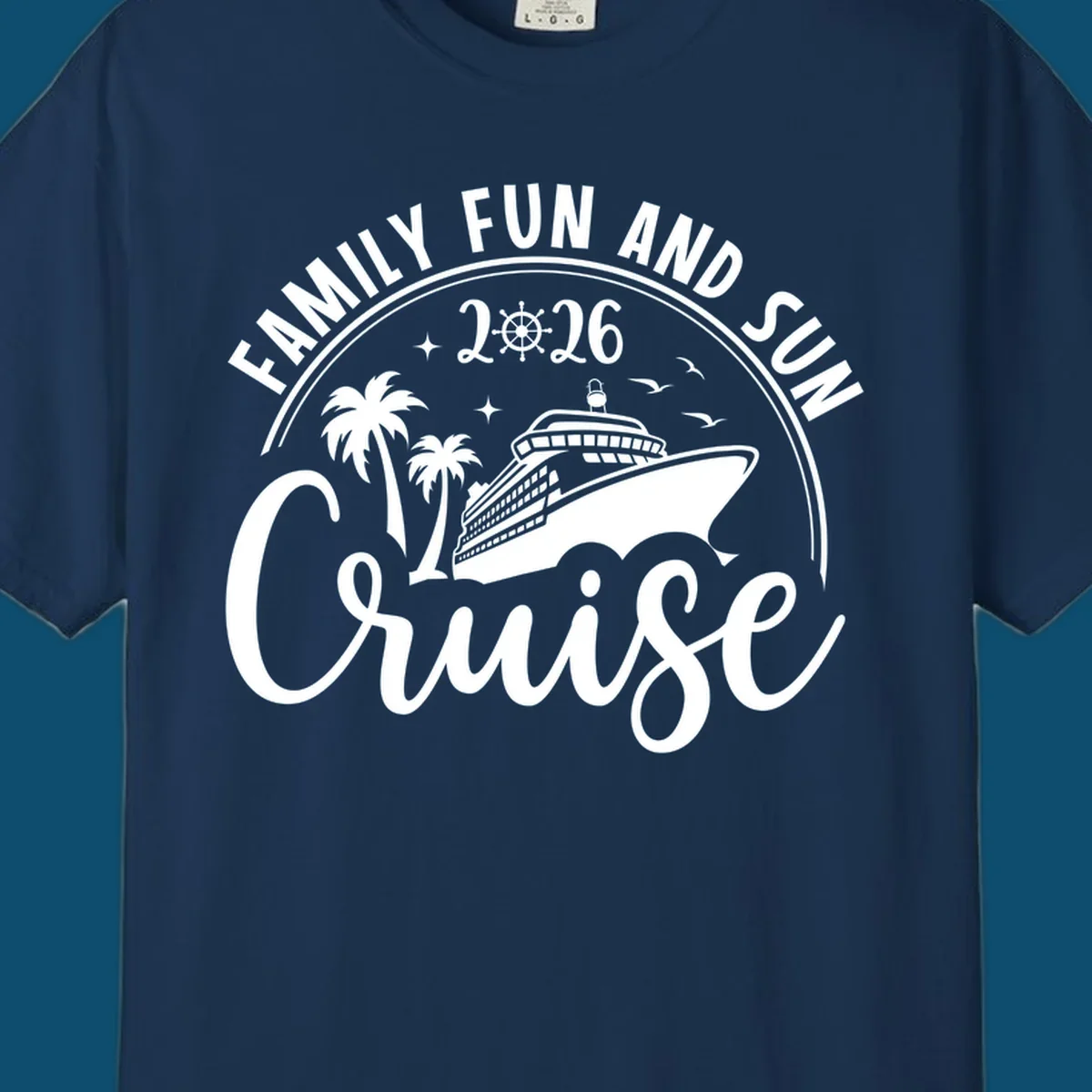 A circular badge design for a family fun and sun cruise 2026, featuring a cruise ship, palm trees, and the text 'Cruise'.