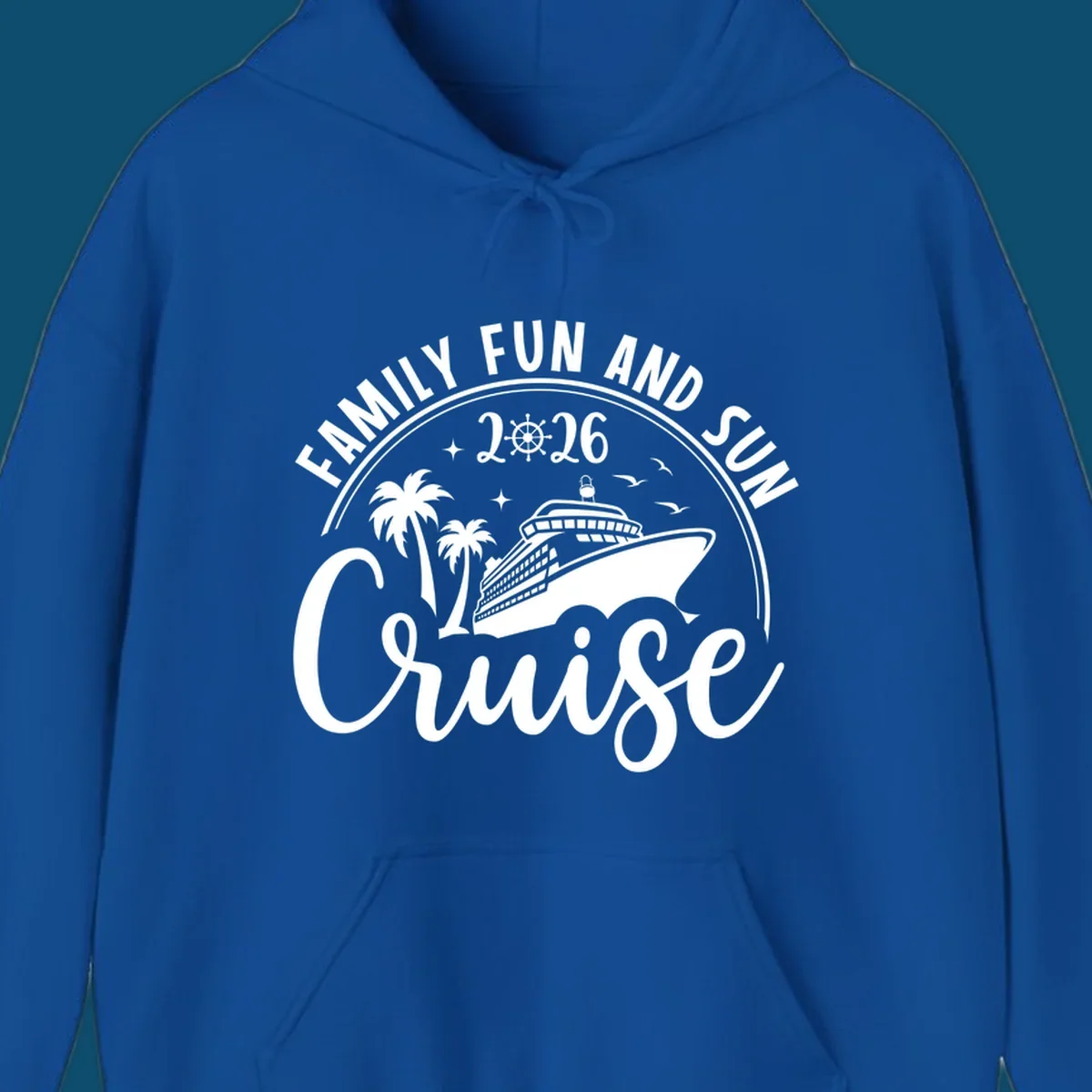 A circular badge design for a family fun and sun cruise 2026, featuring a cruise ship, palm trees, and the text 'Cruise'.