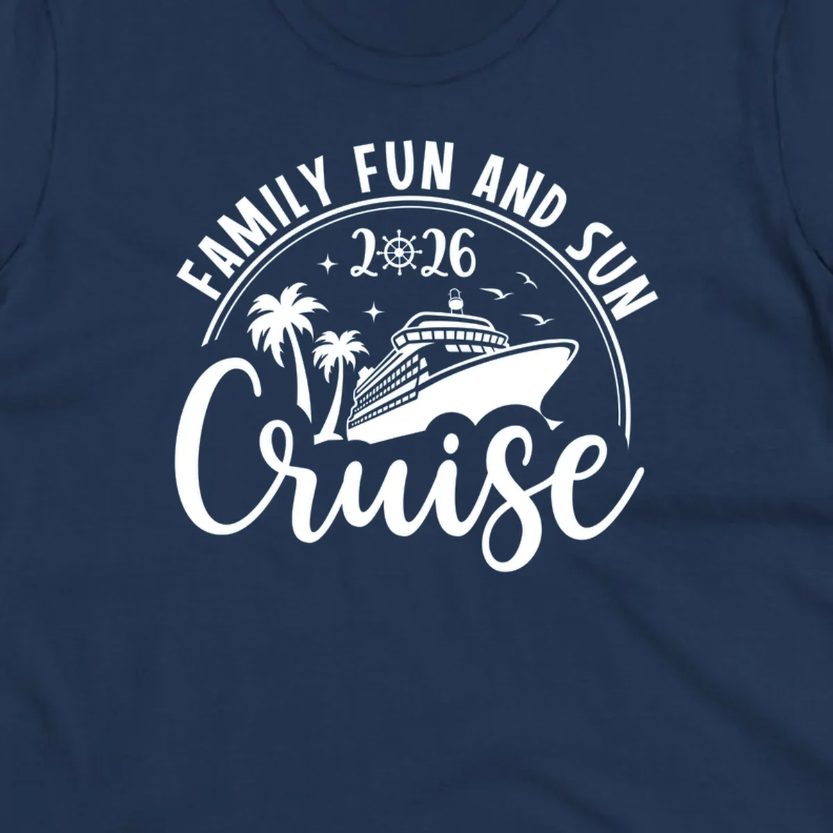 A circular badge design for a family fun and sun cruise 2026, featuring a cruise ship, palm trees, and the text 'Cruise'.