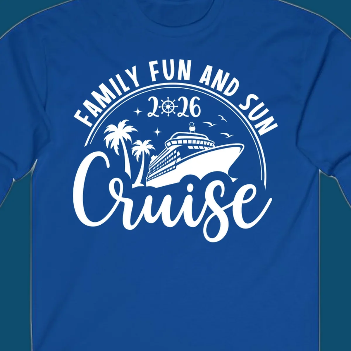 A circular badge design for a family fun and sun cruise 2026, featuring a cruise ship, palm trees, and the text 'Cruise'.