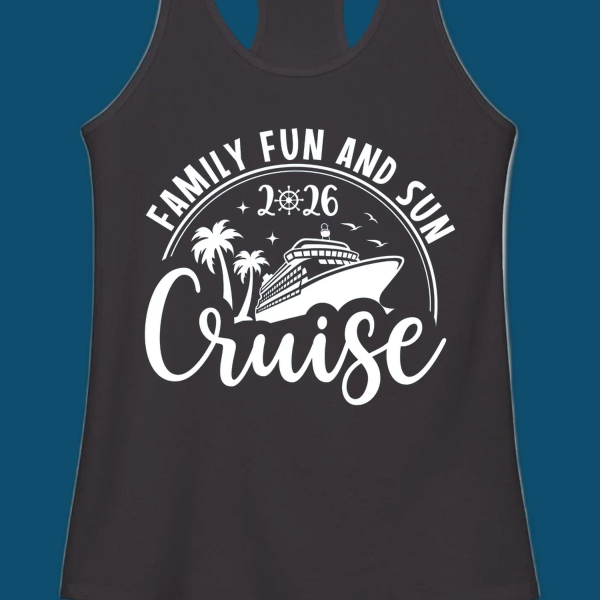 A circular badge design for a family fun and sun cruise 2026, featuring a cruise ship, palm trees, and the text 'Cruise'.