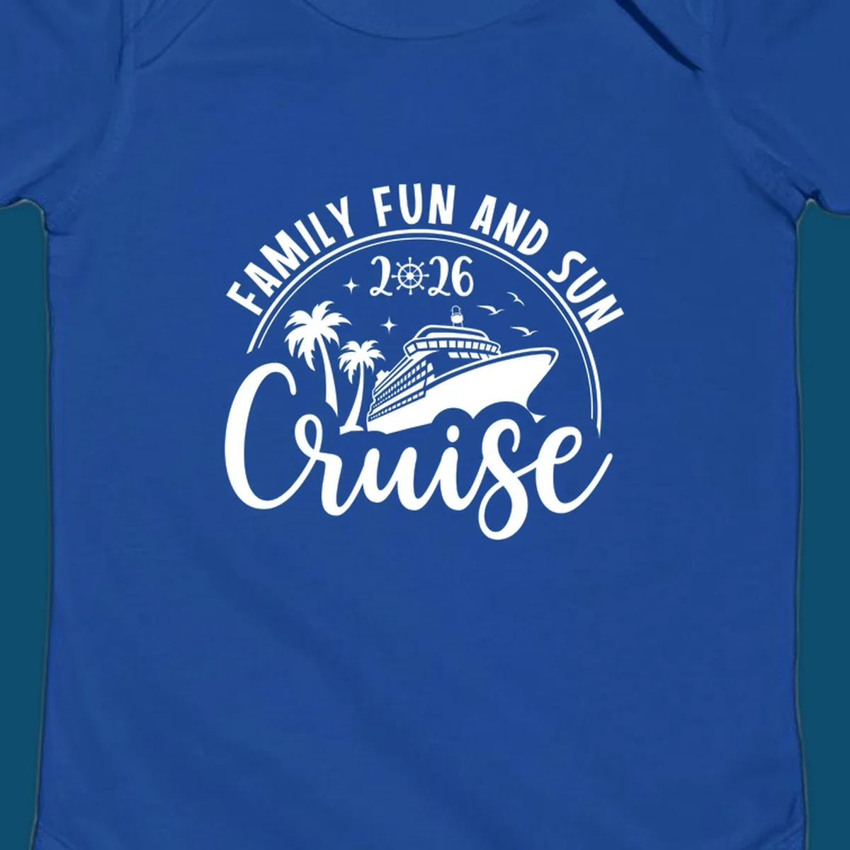 A circular badge design for a family fun and sun cruise 2026, featuring a cruise ship, palm trees, and the text 'Cruise'.