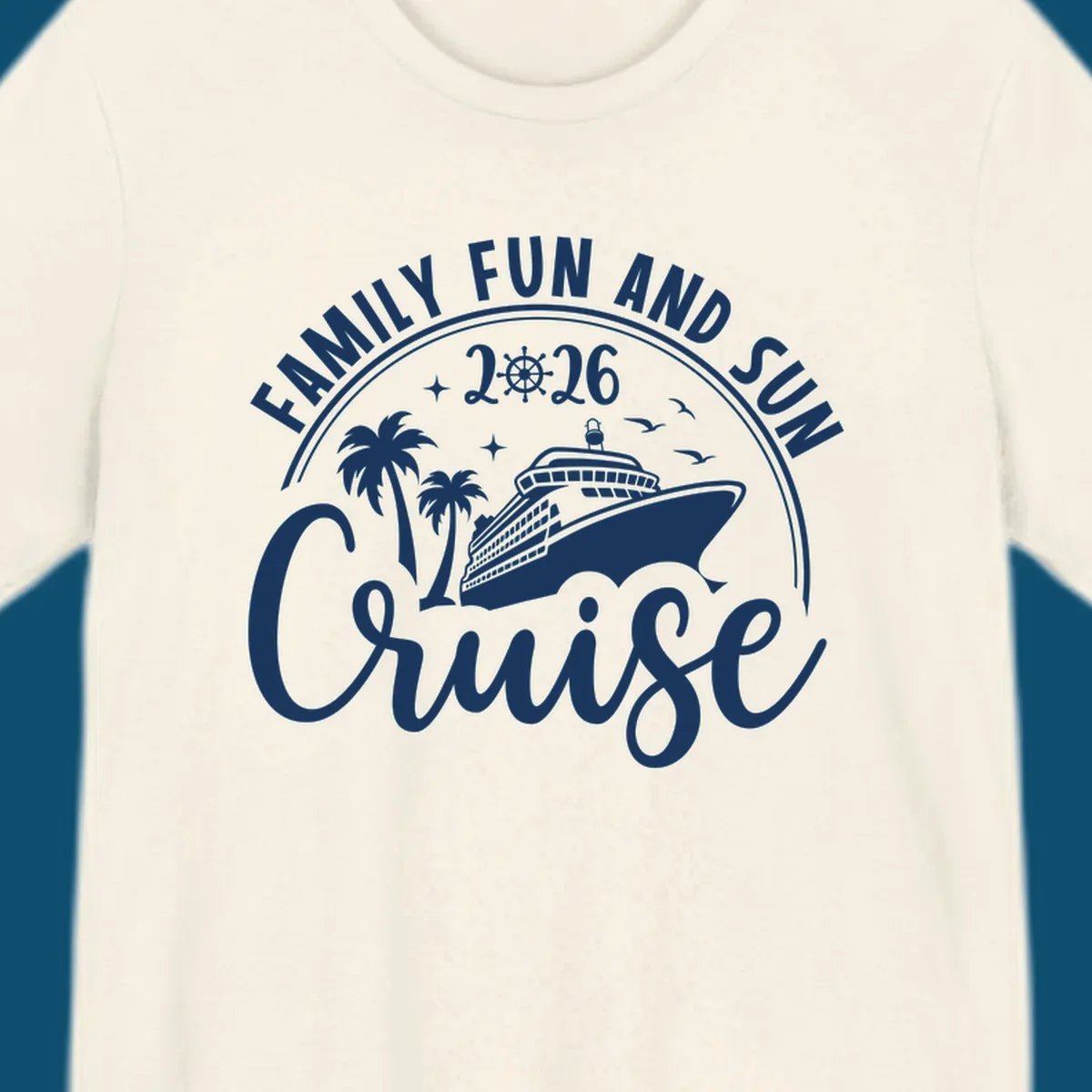 A circular badge design for a family fun and sun cruise 2026, featuring a cruise ship, palm trees, and the text 'Cruise'.