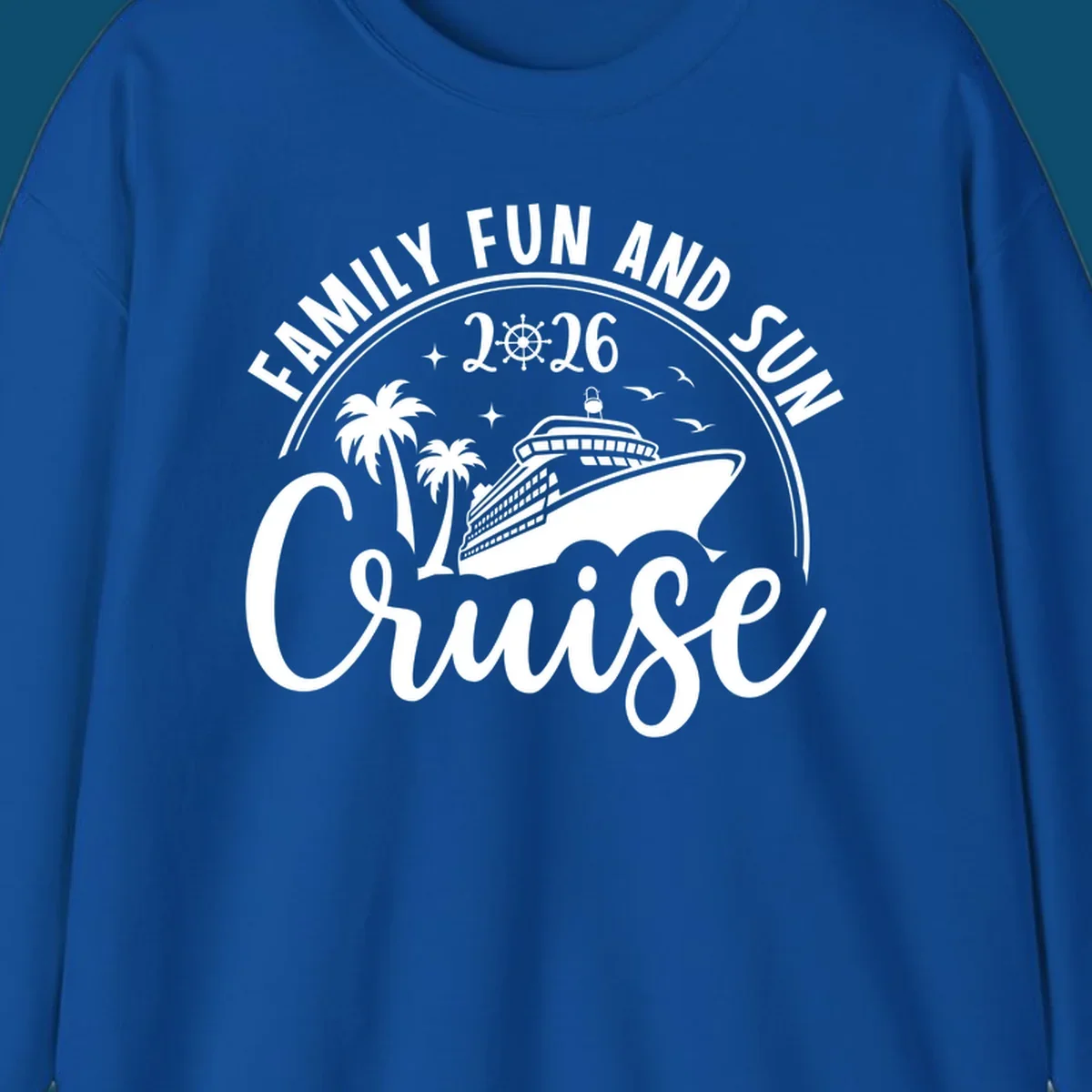 A circular badge design for a family fun and sun cruise 2026, featuring a cruise ship, palm trees, and the text 'Cruise'.