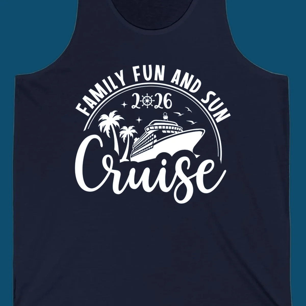 A circular badge design for a family fun and sun cruise 2026, featuring a cruise ship, palm trees, and the text 'Cruise'.
