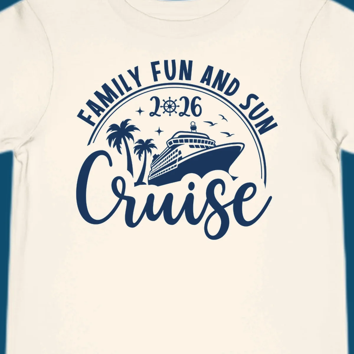 A circular badge design for a family fun and sun cruise 2026, featuring a cruise ship, palm trees, and the text 'Cruise'.