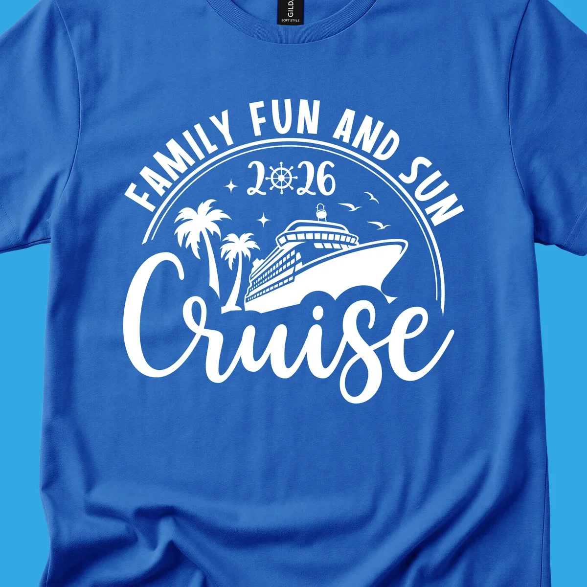 A circular badge design for a family fun and sun cruise 2026, featuring a cruise ship, palm trees, and the text 'Cruise'.