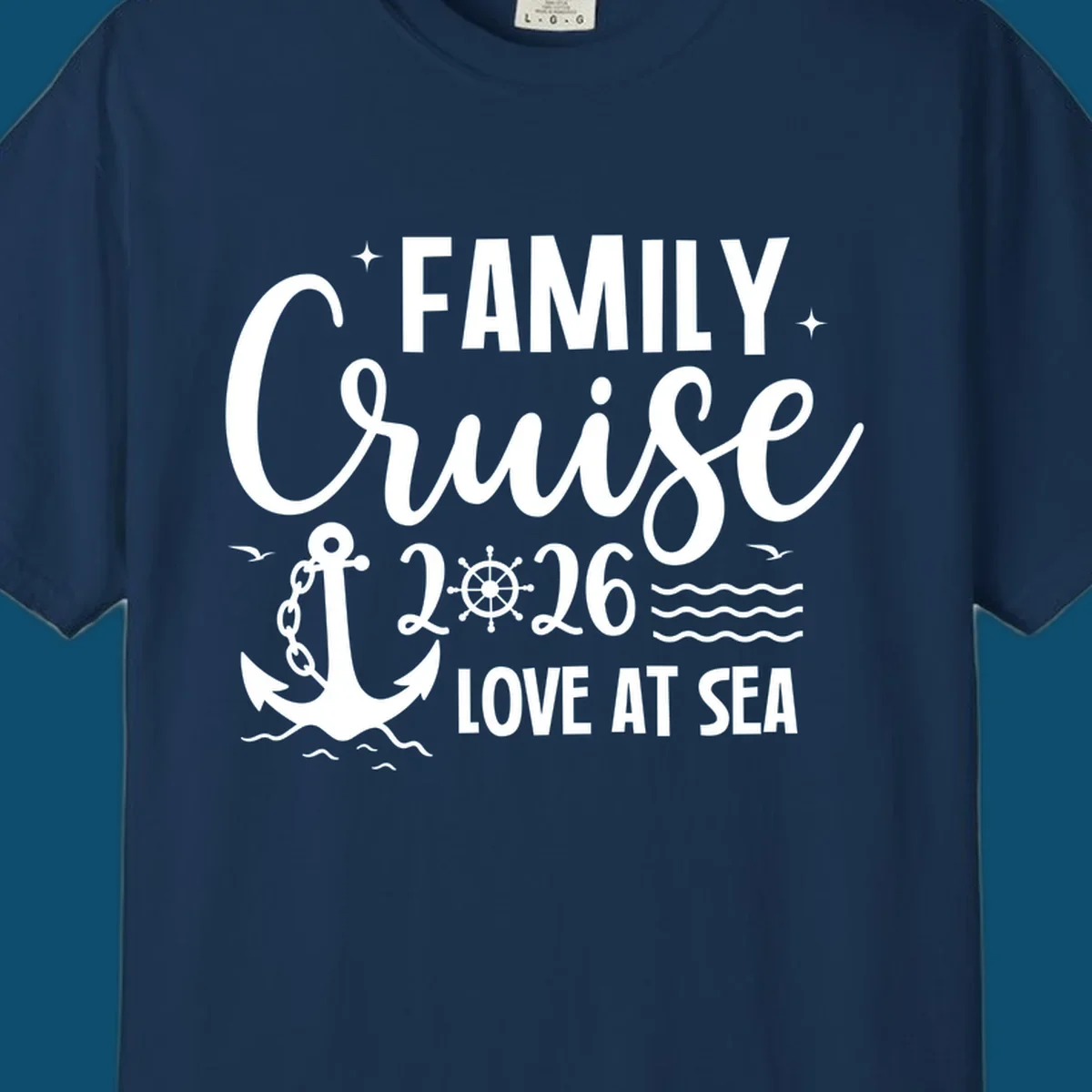 Monochrome family cruise love at sea 2026 design with an anchor, ship's wheel, waves, stars, and birds.