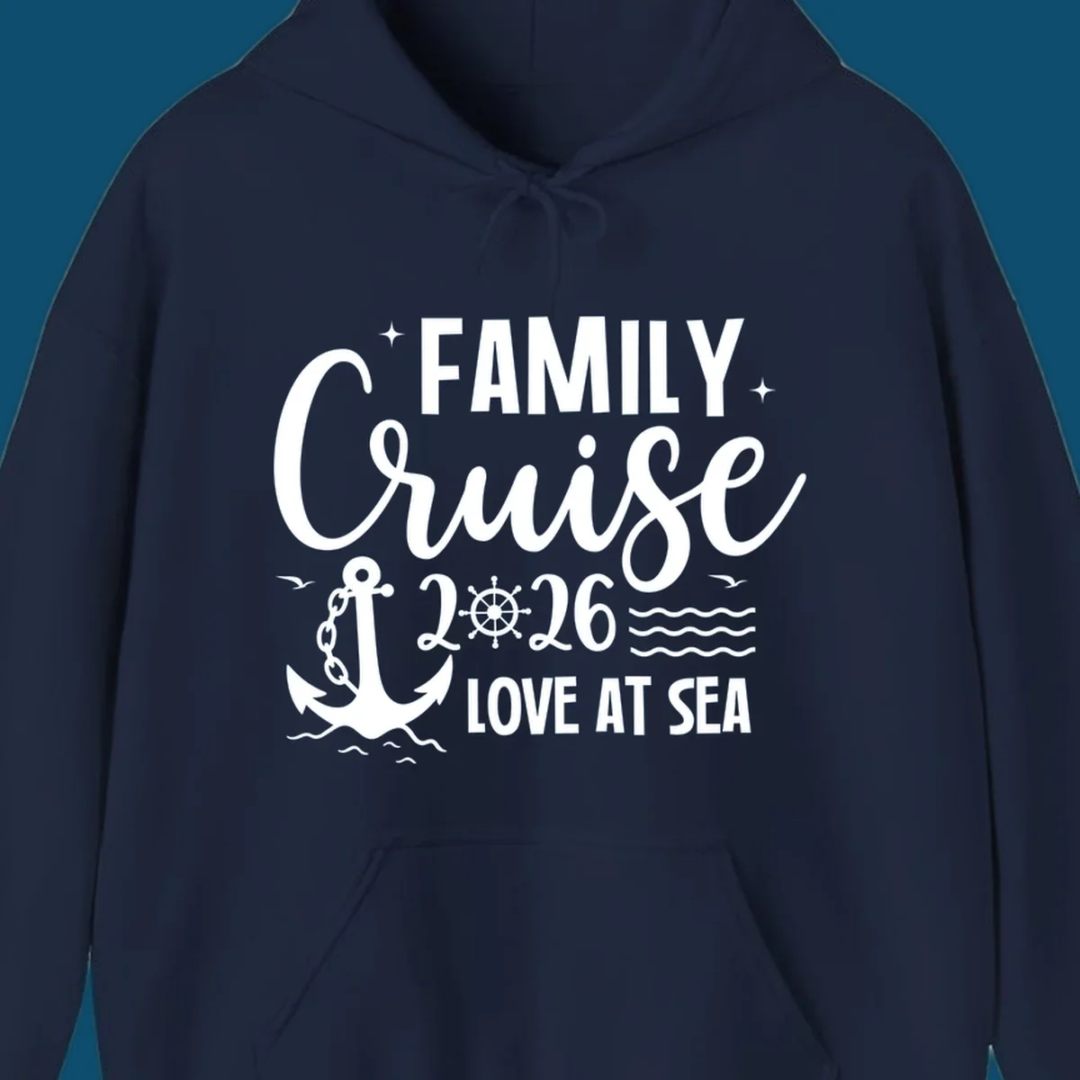 Monochrome family cruise love at sea 2026 design with an anchor, ship's wheel, waves, stars, and birds.
