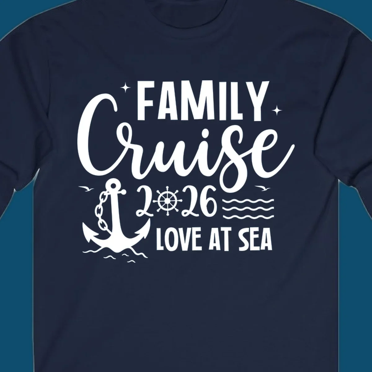 Monochrome family cruise love at sea 2026 design with an anchor, ship's wheel, waves, stars, and birds.