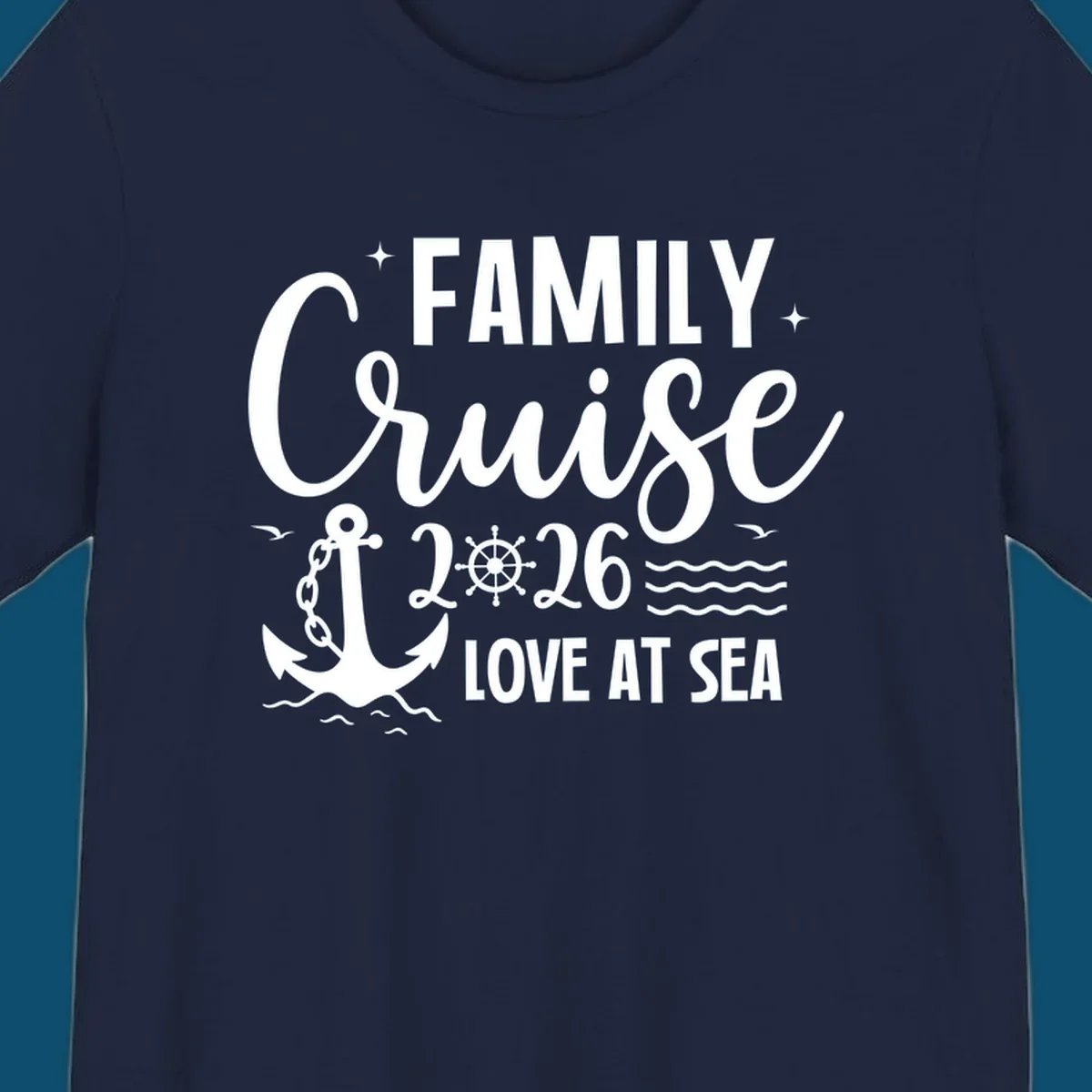 Monochrome family cruise love at sea 2026 design with an anchor, ship's wheel, waves, stars, and birds.