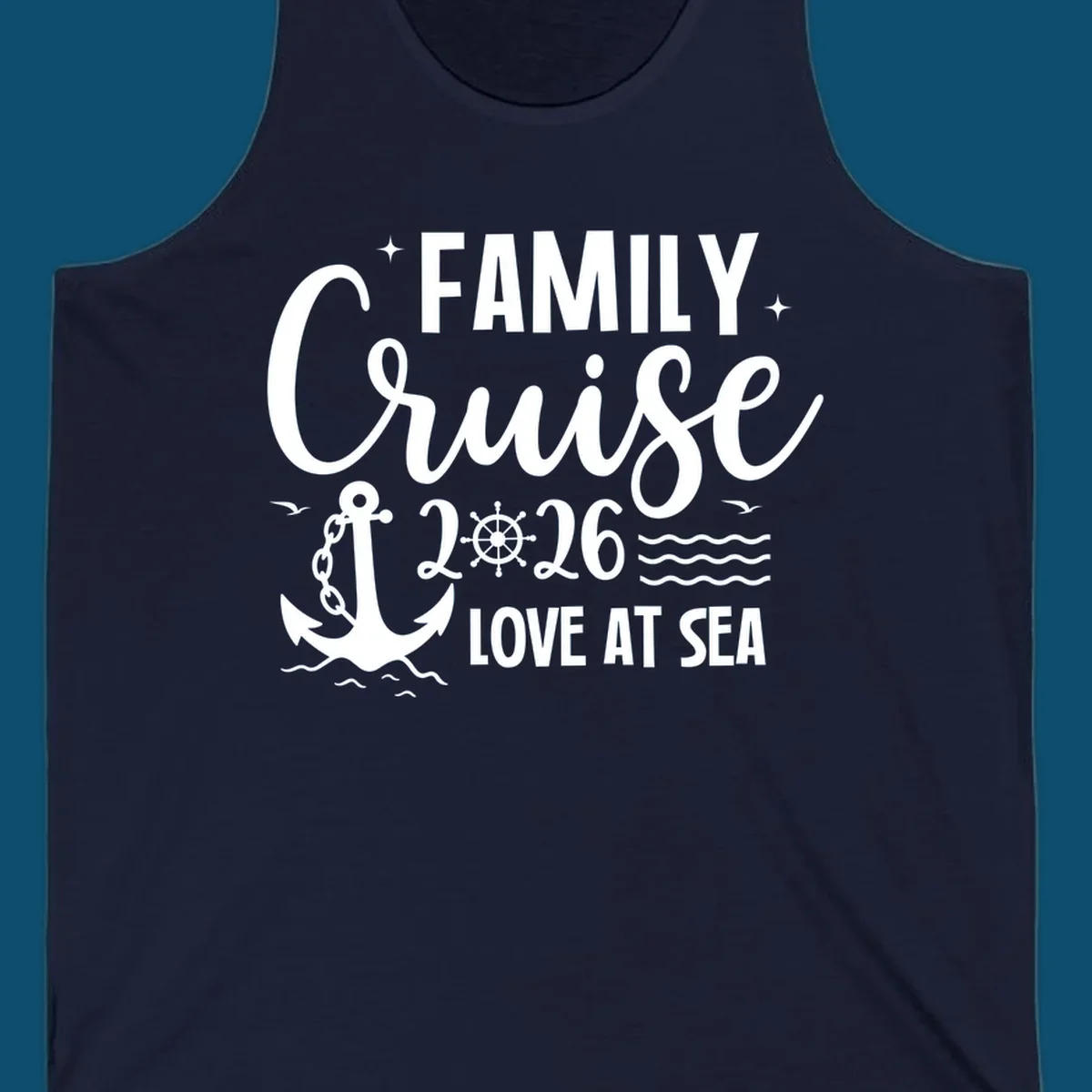 Monochrome family cruise love at sea 2026 design with an anchor, ship's wheel, waves, stars, and birds.