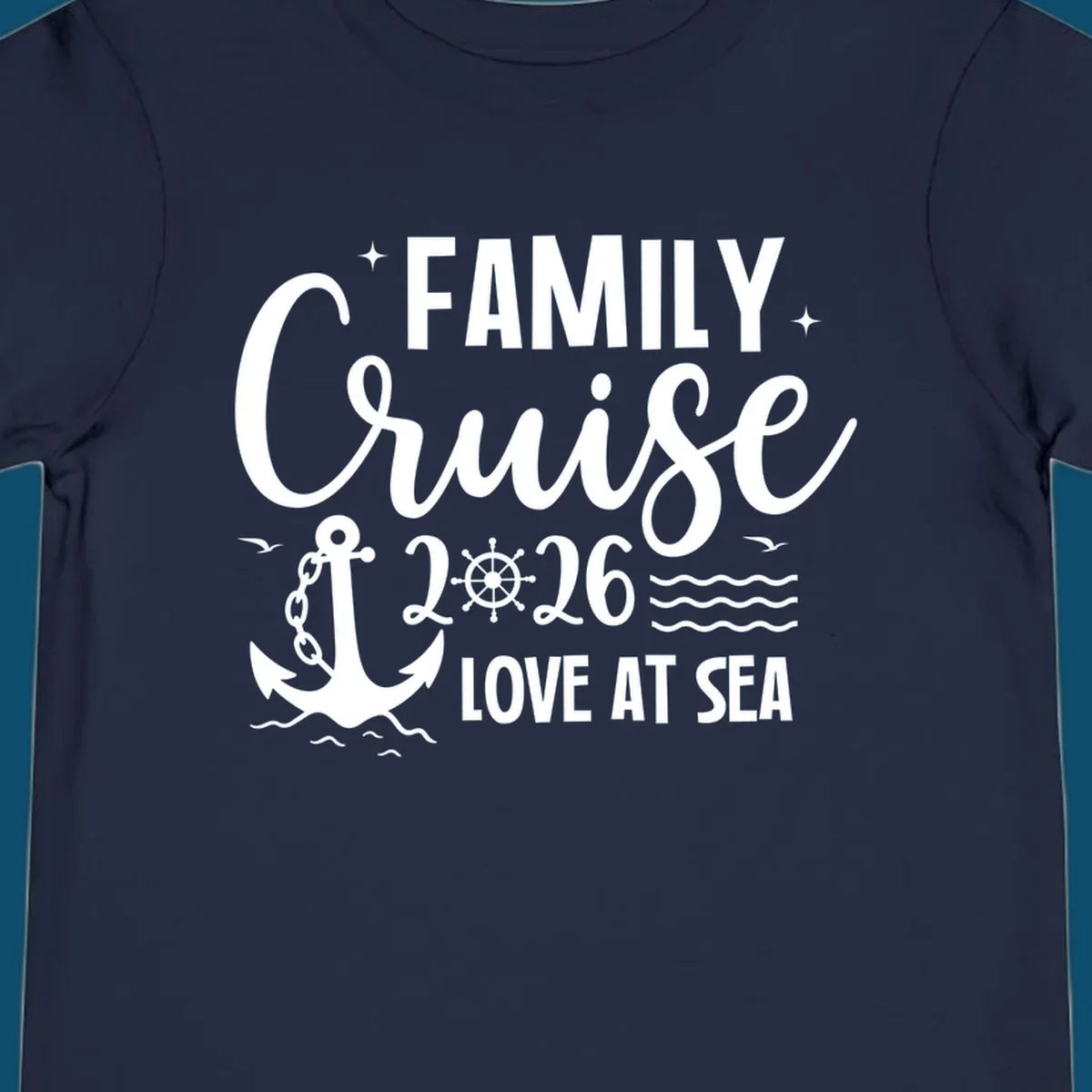 Monochrome family cruise love at sea 2026 design with an anchor, ship's wheel, waves, stars, and birds.