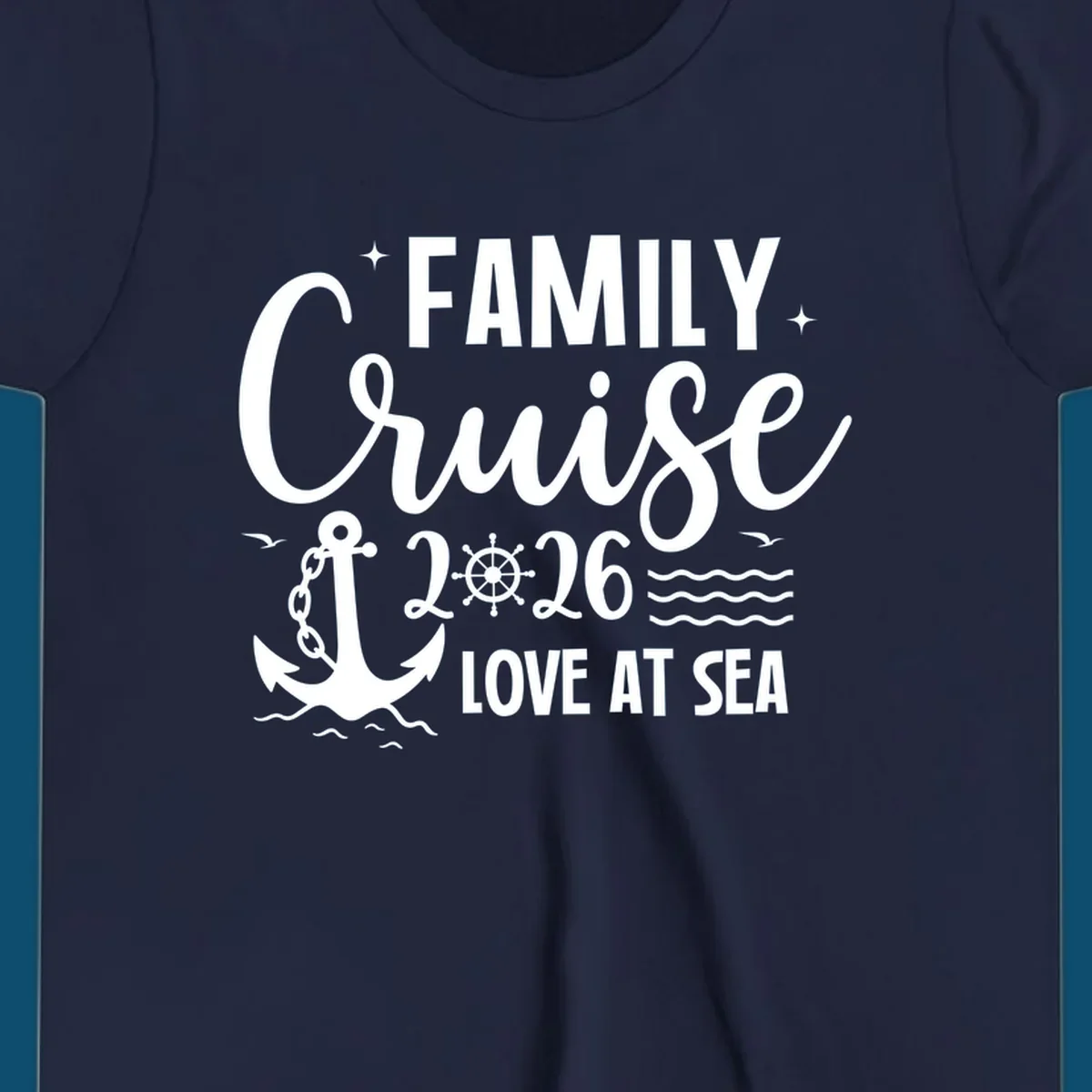 Monochrome family cruise love at sea 2026 design with an anchor, ship's wheel, waves, stars, and birds.
