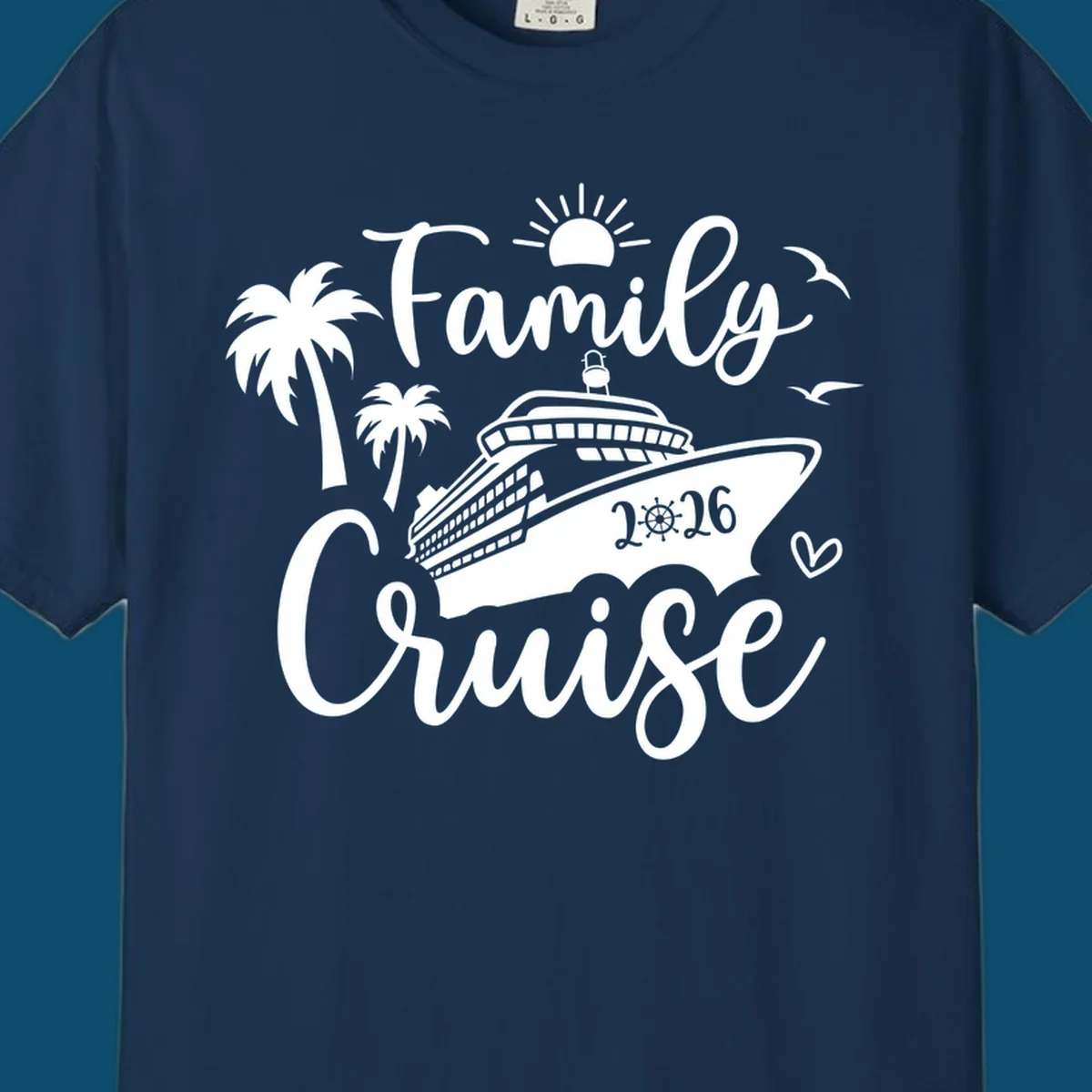 A white family cruise 2026 vacation design with a cruise ship, palm trees, sun, seagulls, and script text.