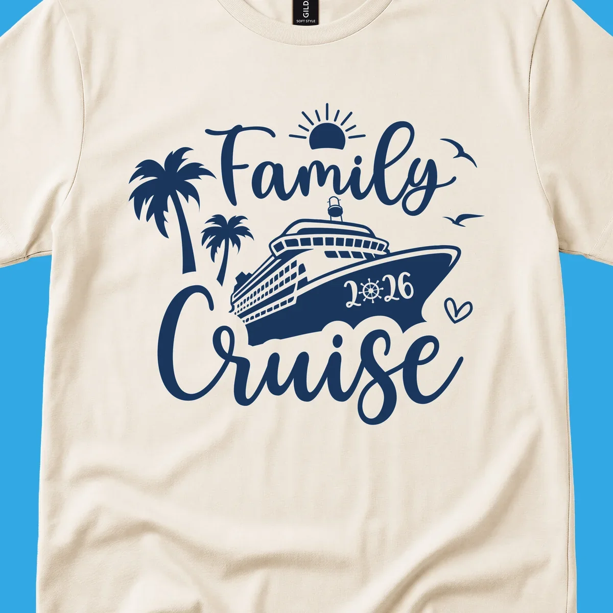 A white family cruise 2026 vacation design with a cruise ship, palm trees, sun, seagulls, and script text.