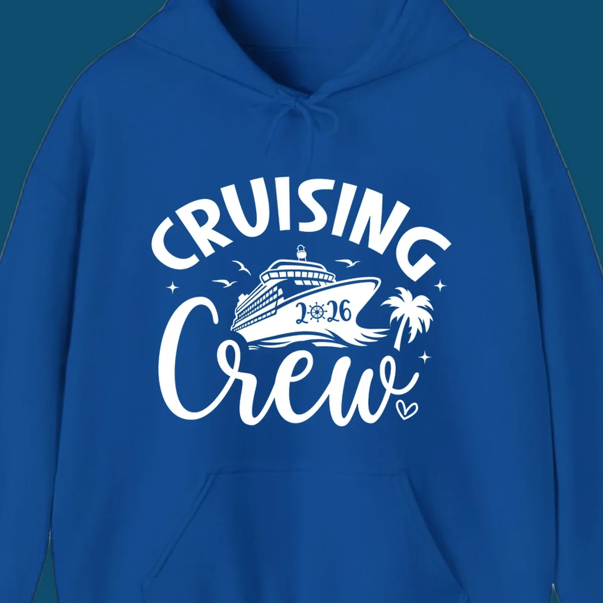 A white and dark blue design for a cruising crew 2026 vacation showing a cruise ship, palm tree, seagulls, and 'CRUISING CREW 2026' text.