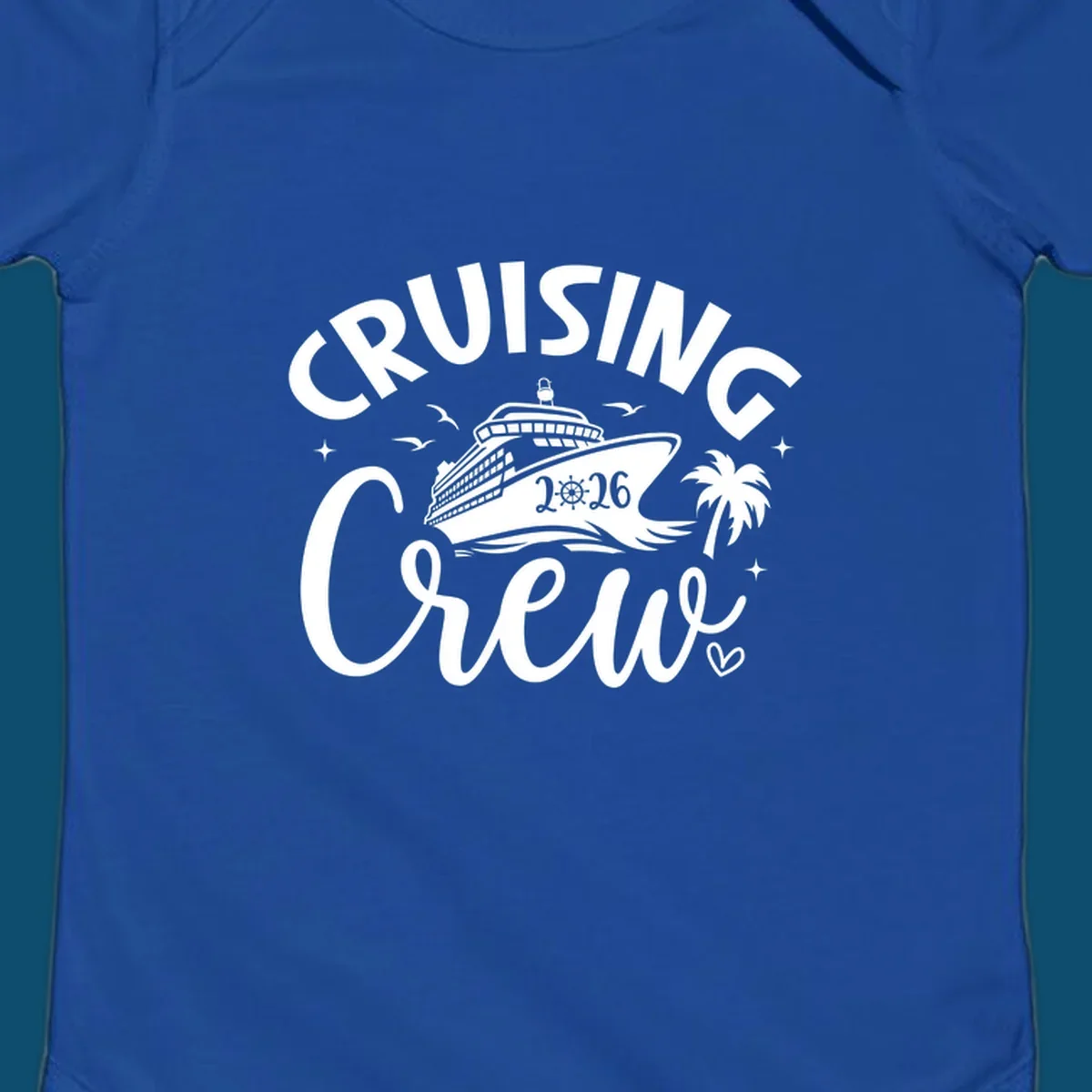 A white and dark blue design for a cruising crew 2026 vacation showing a cruise ship, palm tree, seagulls, and 'CRUISING CREW 2026' text.