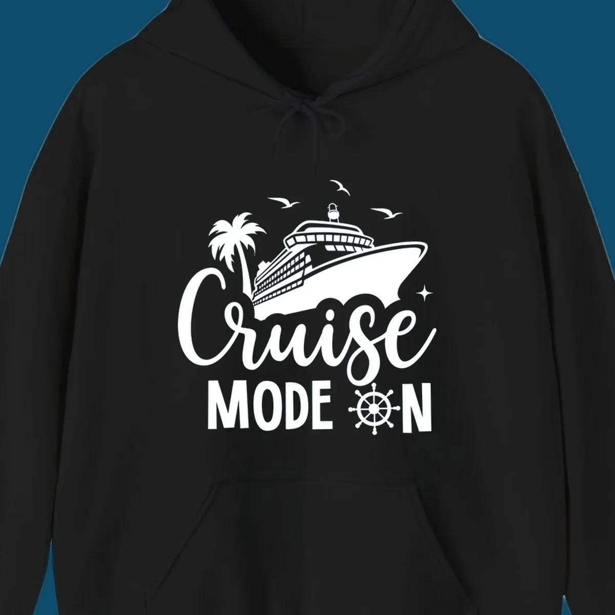 A graphic of a cruise ship, palm tree, and seagulls above the text 'Cruise MODE ON' with a ship's wheel. This is a cruise-mode-on-ship design.