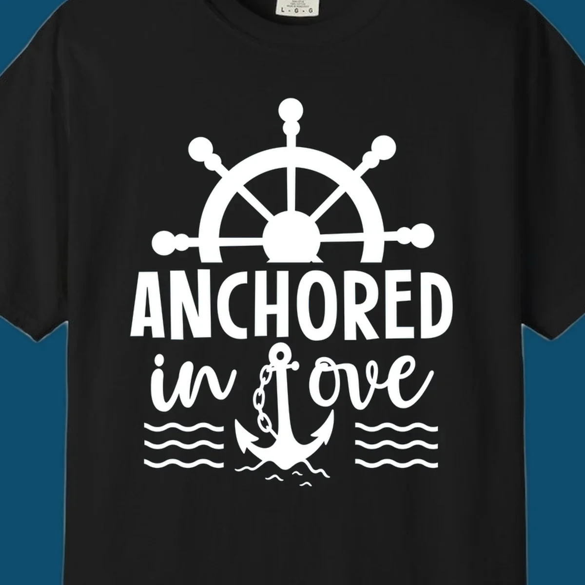 A graphic featuring a ship wheel above the text 'ANCHORED in love' with an anchor and waves below, ideal for an anchored-in-love-cruise.