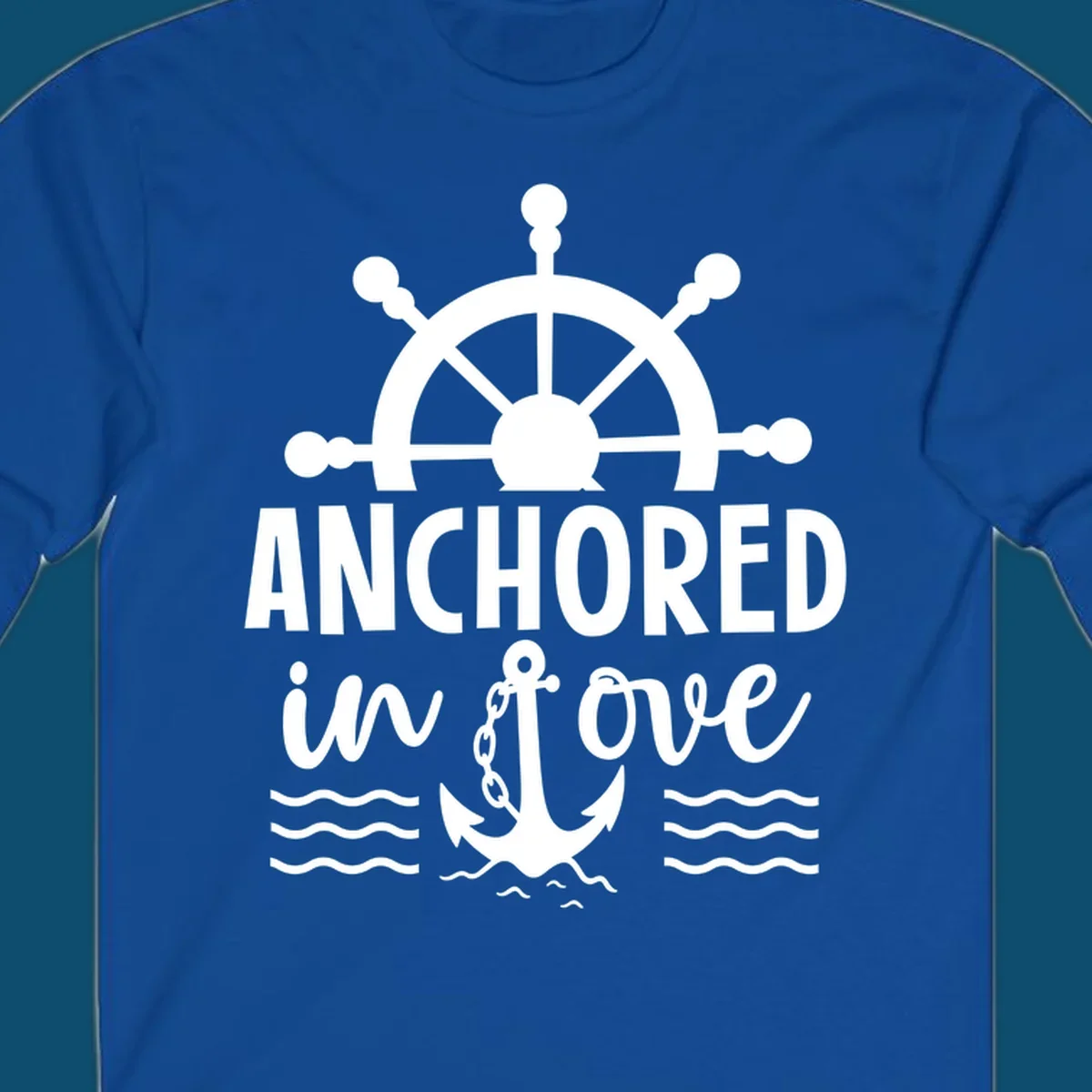 A graphic featuring a ship wheel above the text 'ANCHORED in love' with an anchor and waves below, ideal for an anchored-in-love-cruise.