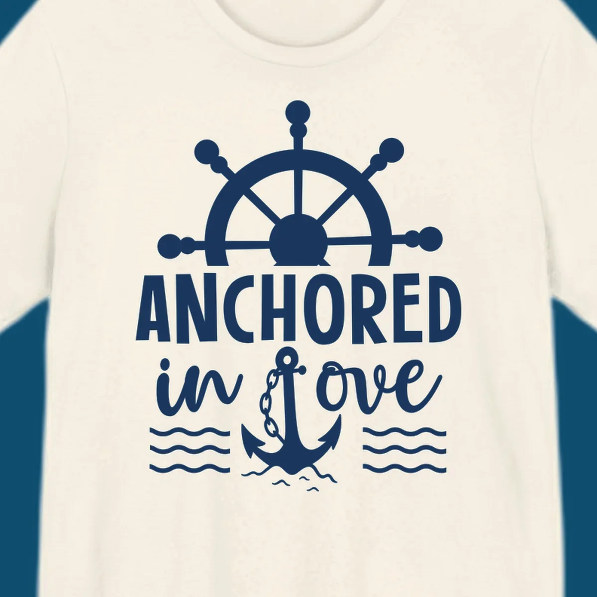 A graphic featuring a ship wheel above the text 'ANCHORED in love' with an anchor and waves below, ideal for an anchored-in-love-cruise.