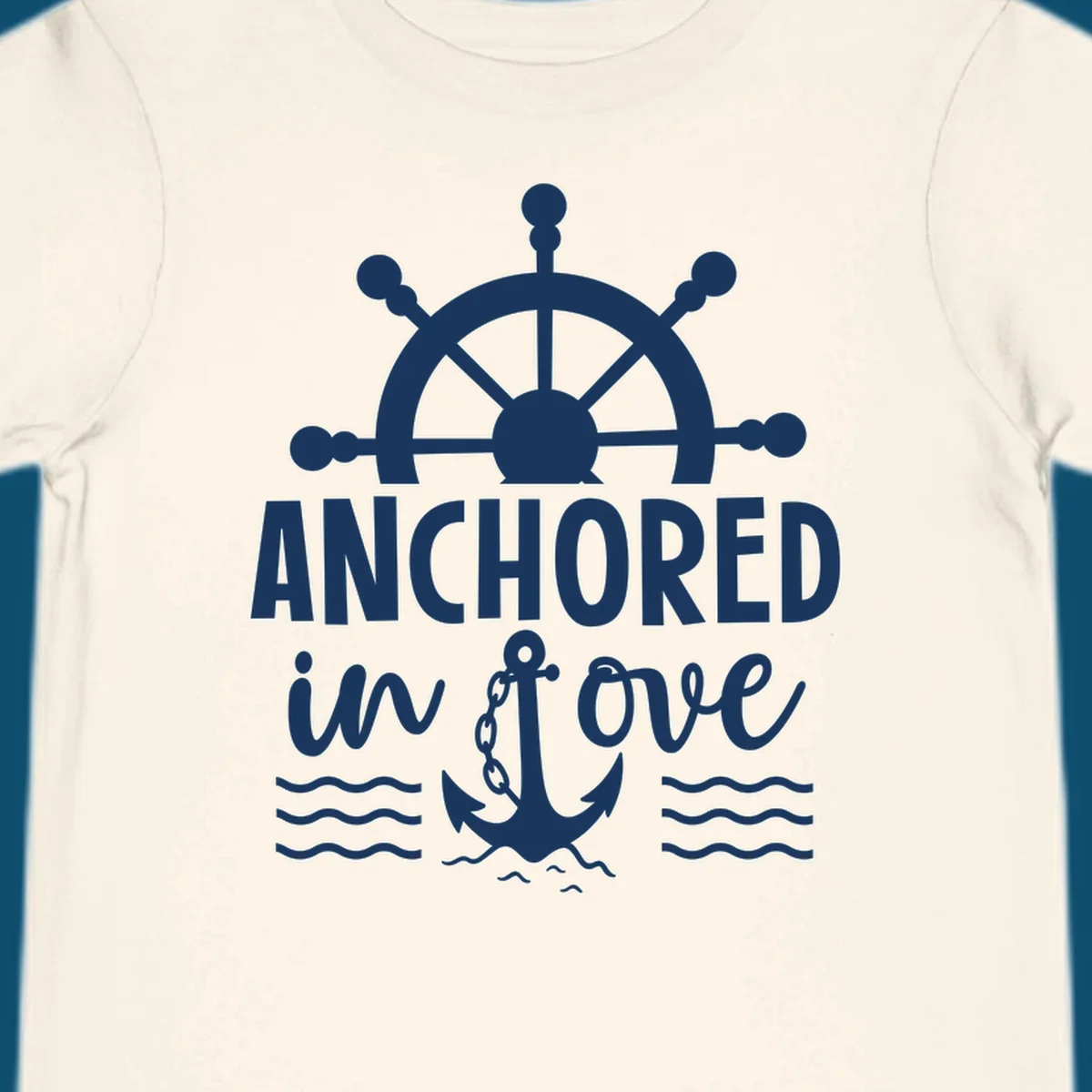 A graphic featuring a ship wheel above the text 'ANCHORED in love' with an anchor and waves below, ideal for an anchored-in-love-cruise.