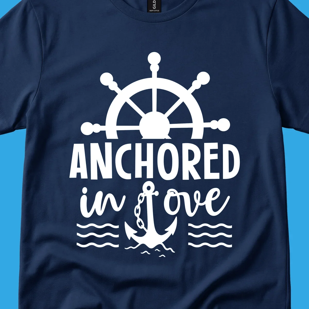 A graphic featuring a ship wheel above the text 'ANCHORED in love' with an anchor and waves below, ideal for an anchored-in-love-cruise.