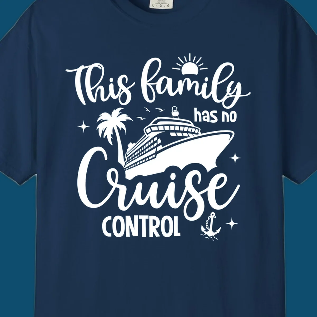 A white graphic features a cruise ship, palm tree, sun, and anchor with the text 'This family has no cruise control'.