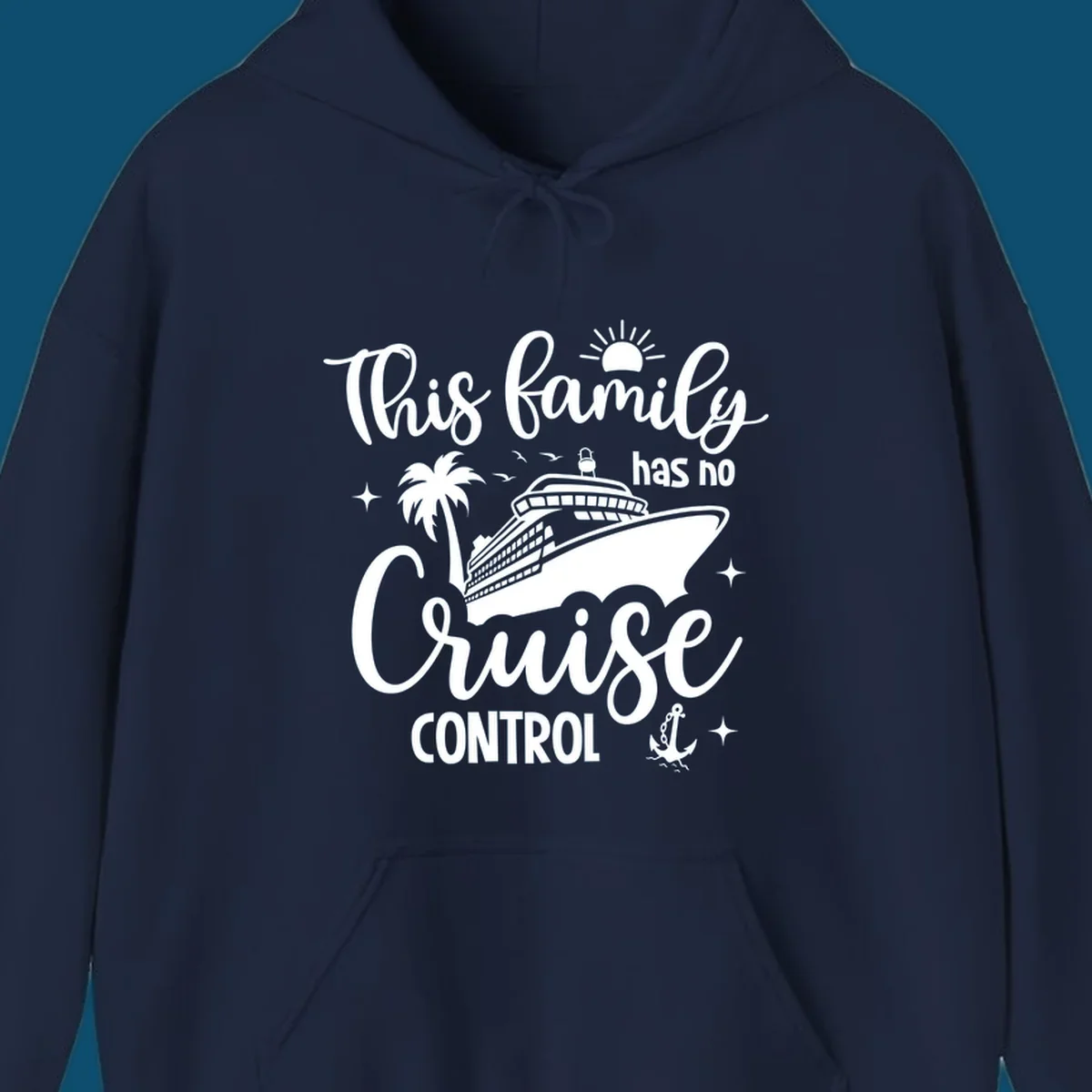 A white graphic features a cruise ship, palm tree, sun, and anchor with the text 'This family has no cruise control'.