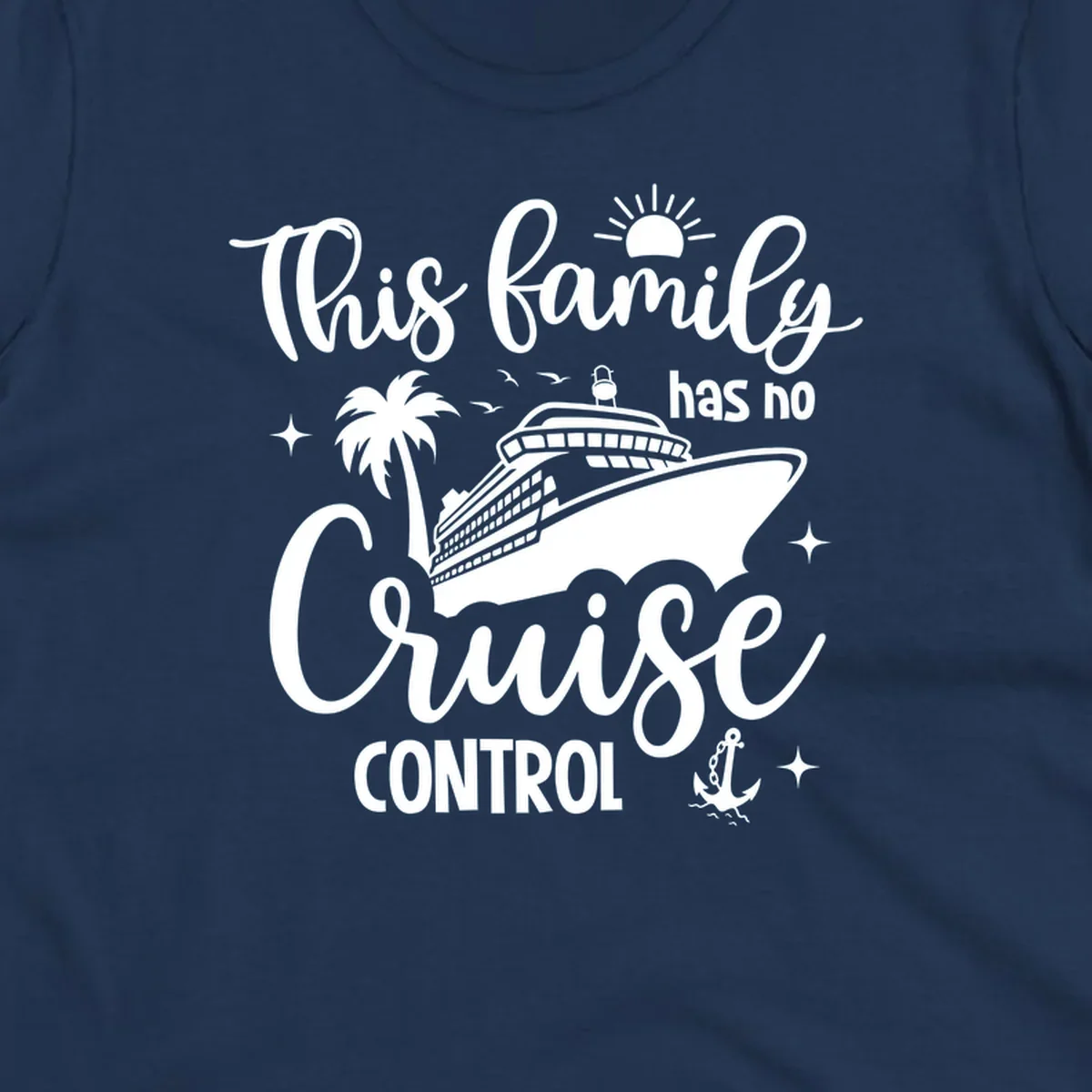 A white graphic features a cruise ship, palm tree, sun, and anchor with the text 'This family has no cruise control'.