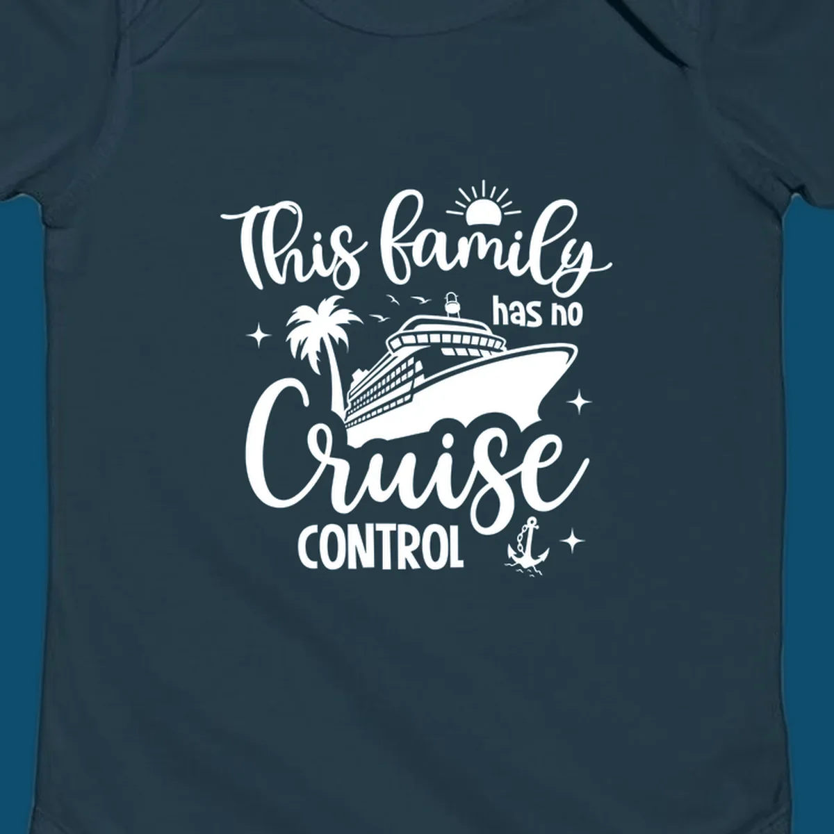 A white graphic features a cruise ship, palm tree, sun, and anchor with the text 'This family has no cruise control'.