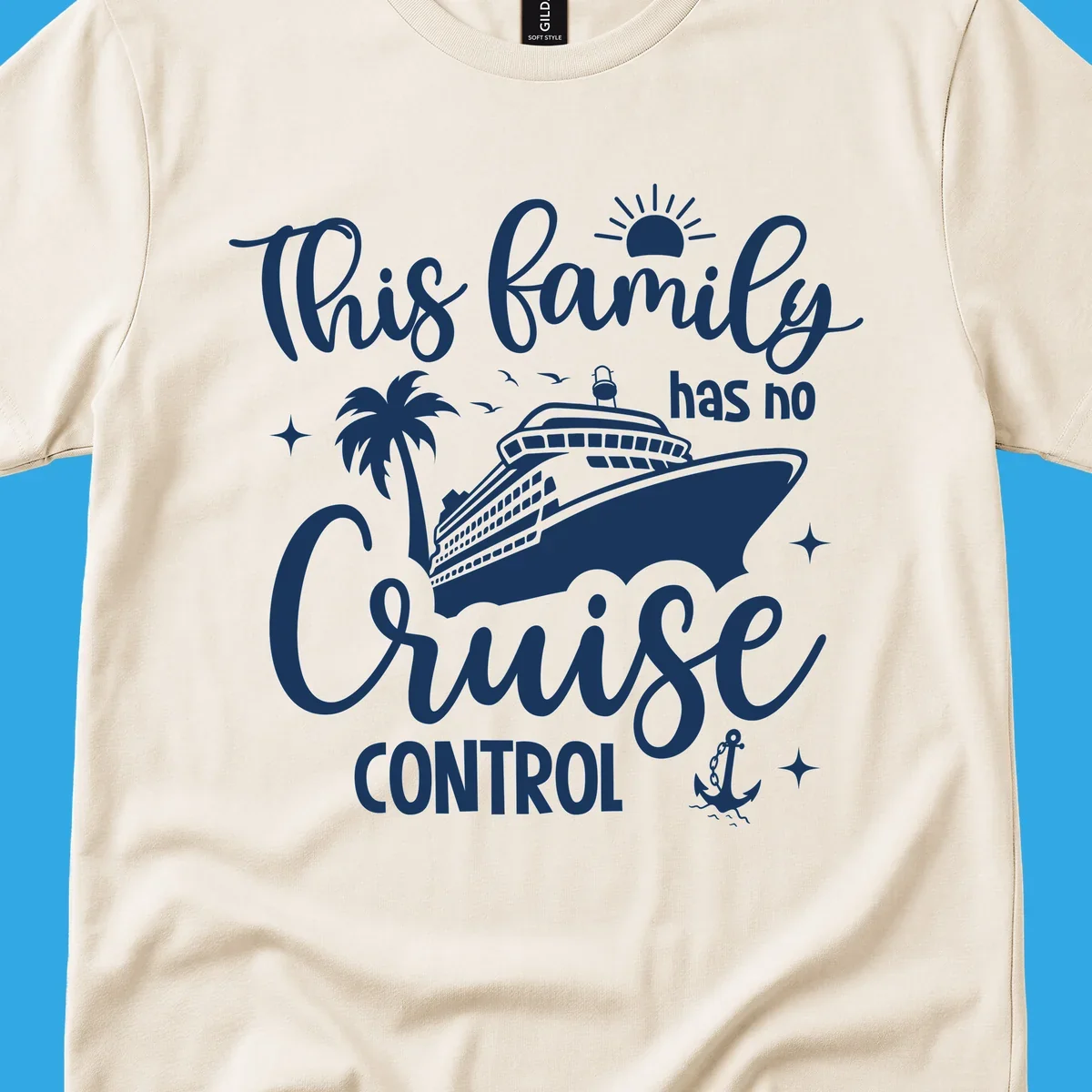 A white graphic features a cruise ship, palm tree, sun, and anchor with the text 'This family has no cruise control'.
