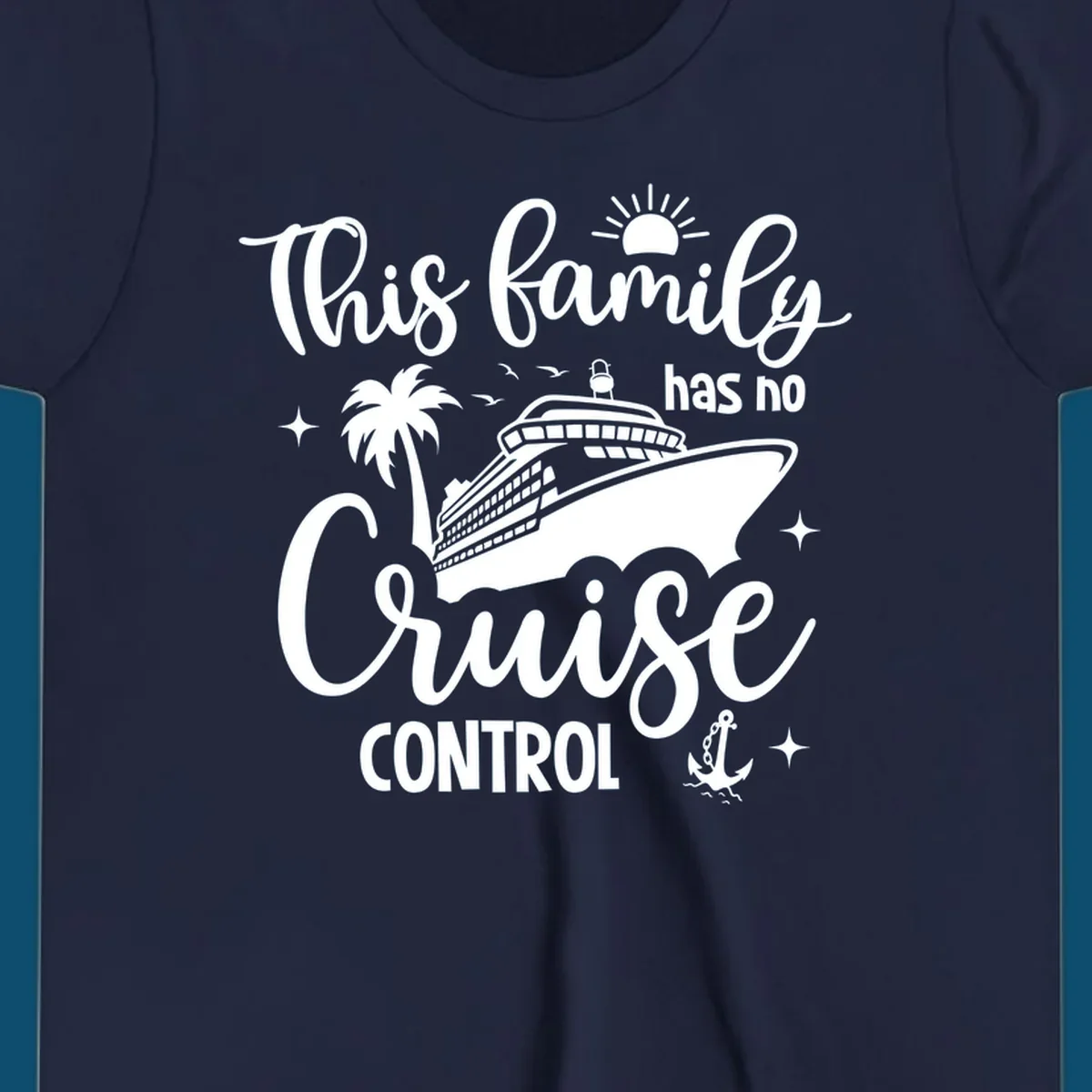 A white graphic features a cruise ship, palm tree, sun, and anchor with the text 'This family has no cruise control'.