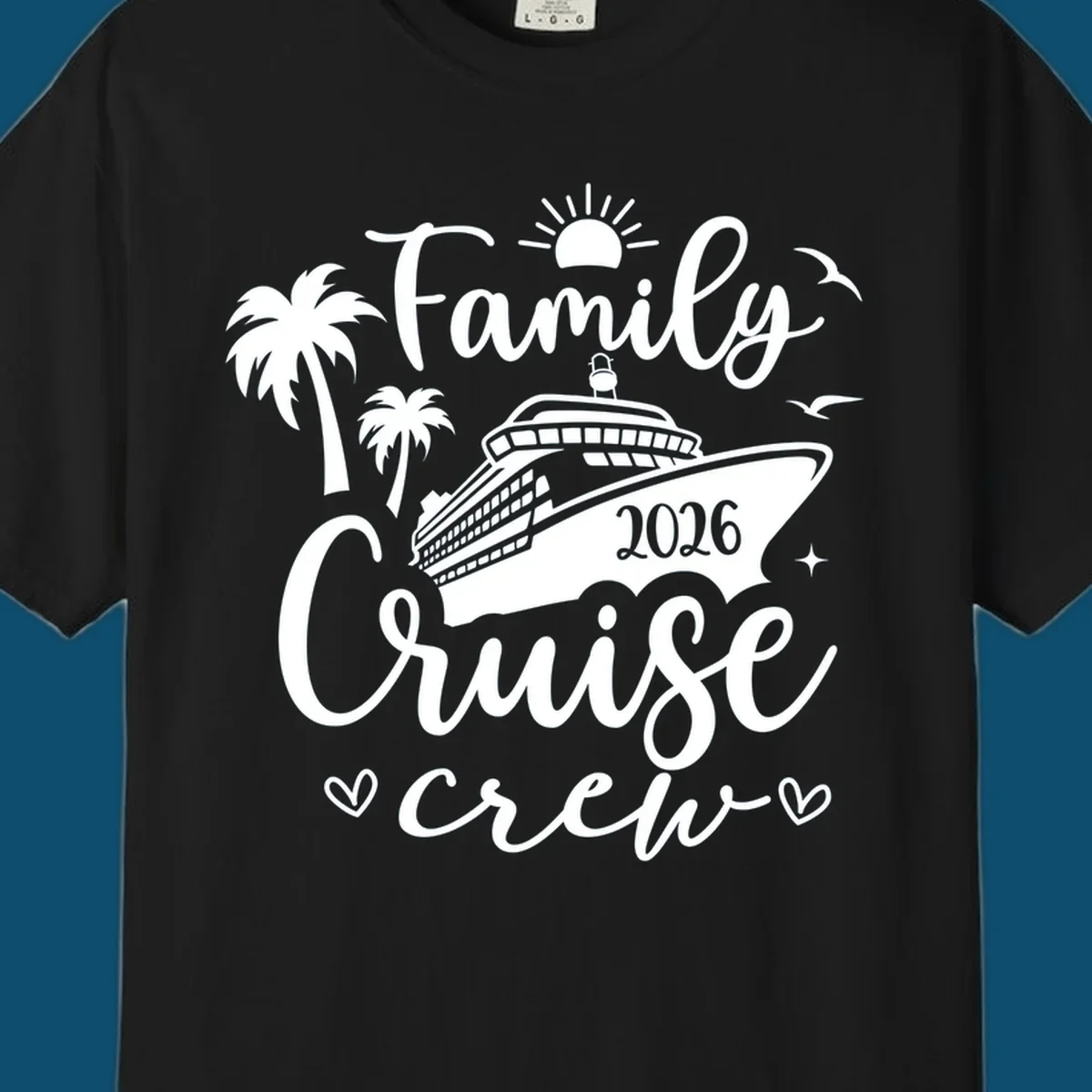 A white (or navy) graphic for a family cruise crew 2026 featuring a cruise ship, palm trees, sun, seagulls, and text.