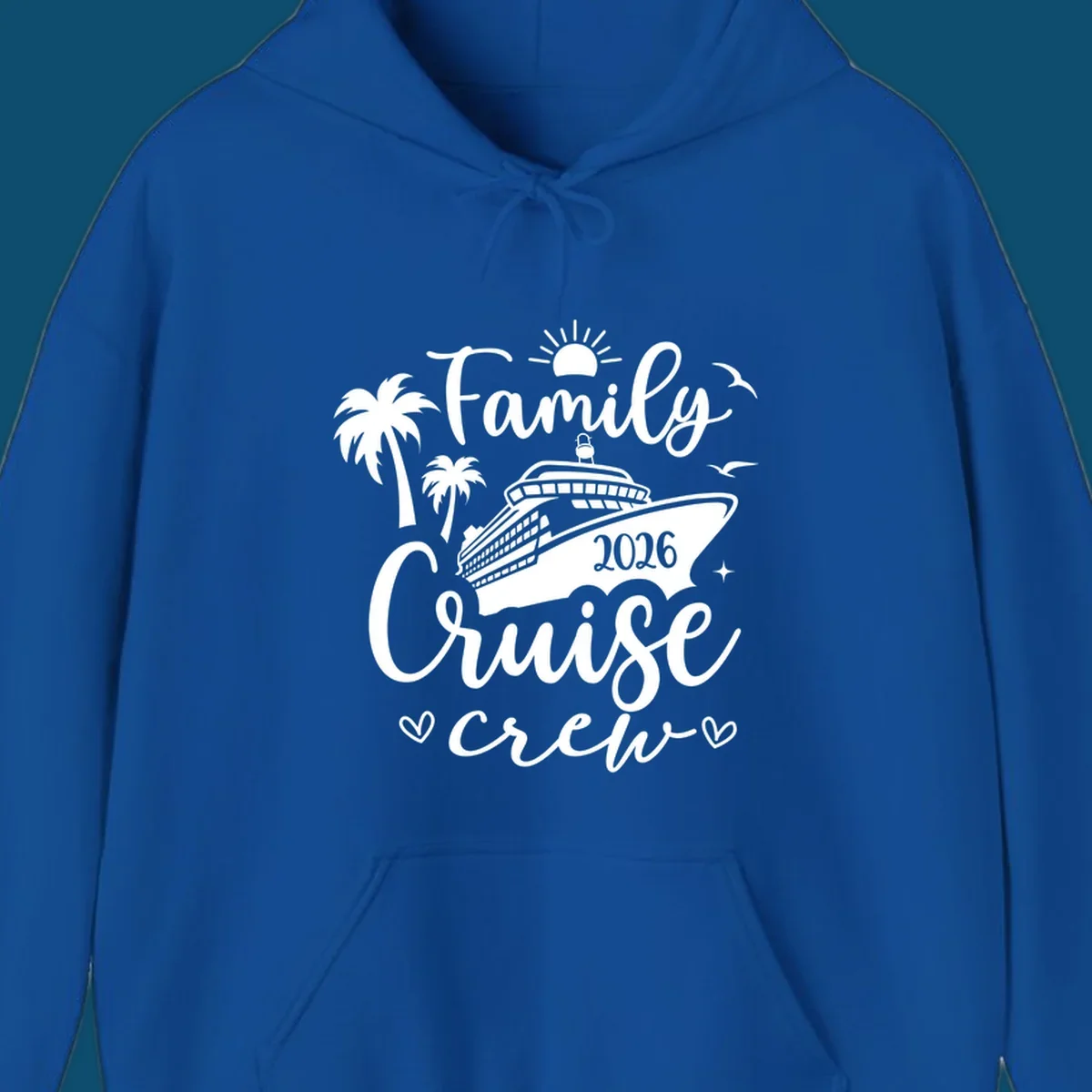 A white (or navy) graphic for a family cruise crew 2026 featuring a cruise ship, palm trees, sun, seagulls, and text.