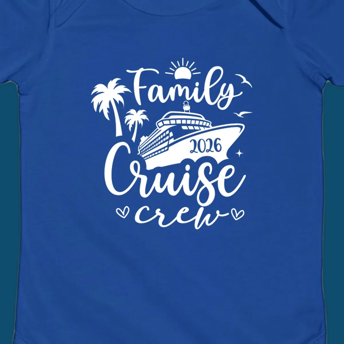 A white (or navy) graphic for a family cruise crew 2026 featuring a cruise ship, palm trees, sun, seagulls, and text.