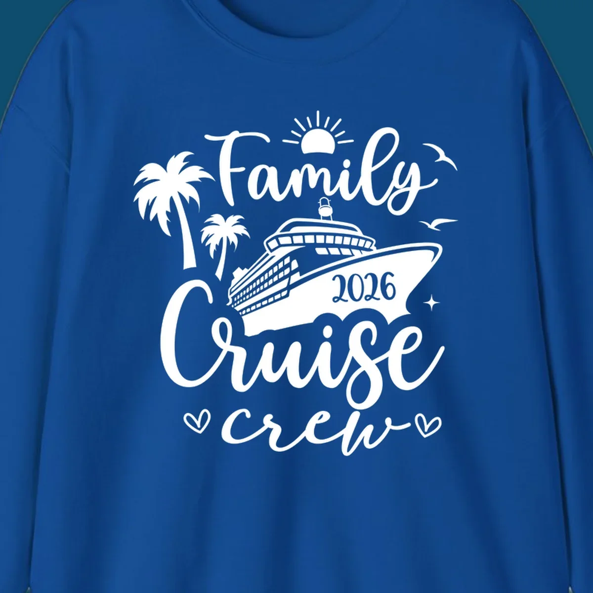 A white (or navy) graphic for a family cruise crew 2026 featuring a cruise ship, palm trees, sun, seagulls, and text.